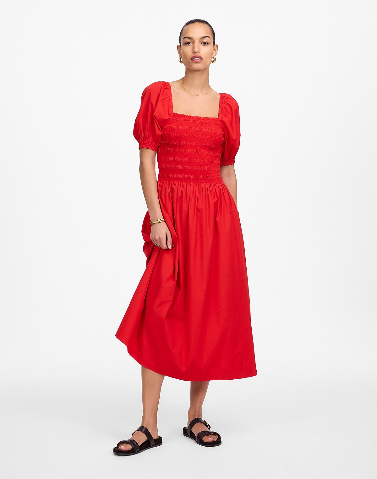Smocked Puff Sleeve Midi Dress in Poplin