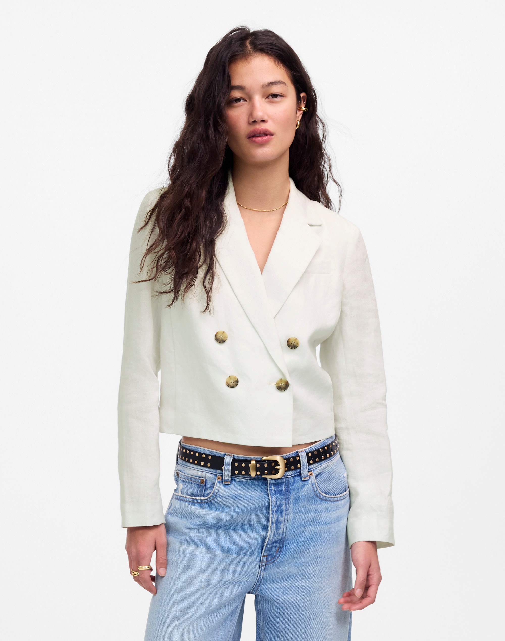 Double-Breasted Crop Blazer in 100% Linen