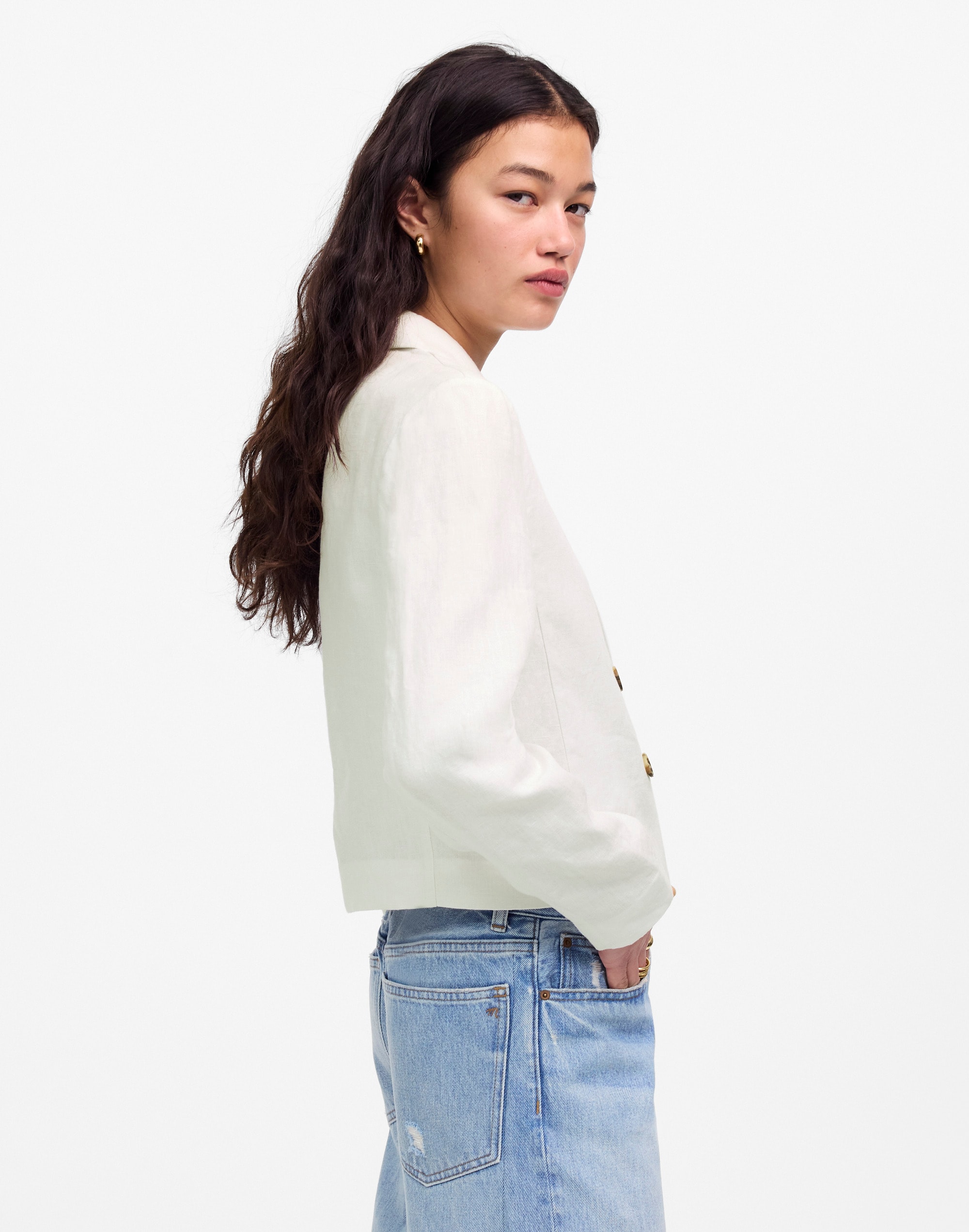 Double-Breasted Crop Blazer in 100% Linen