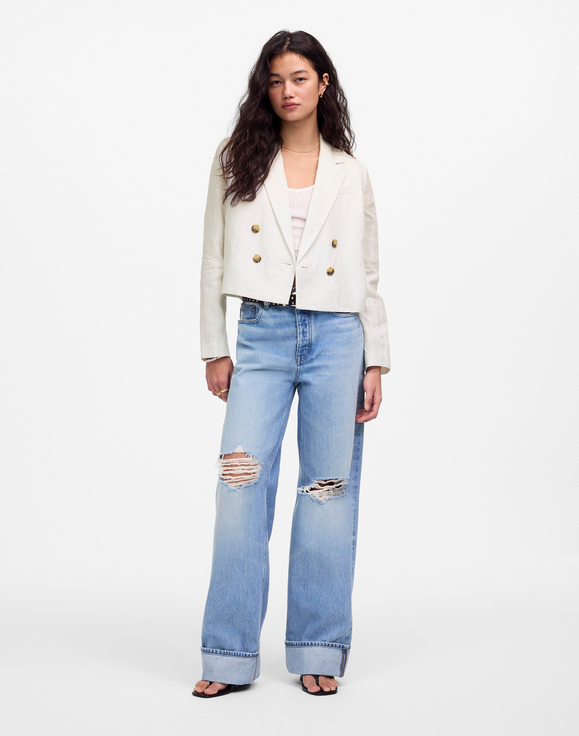 double-breasted crop blazer in 100% linen