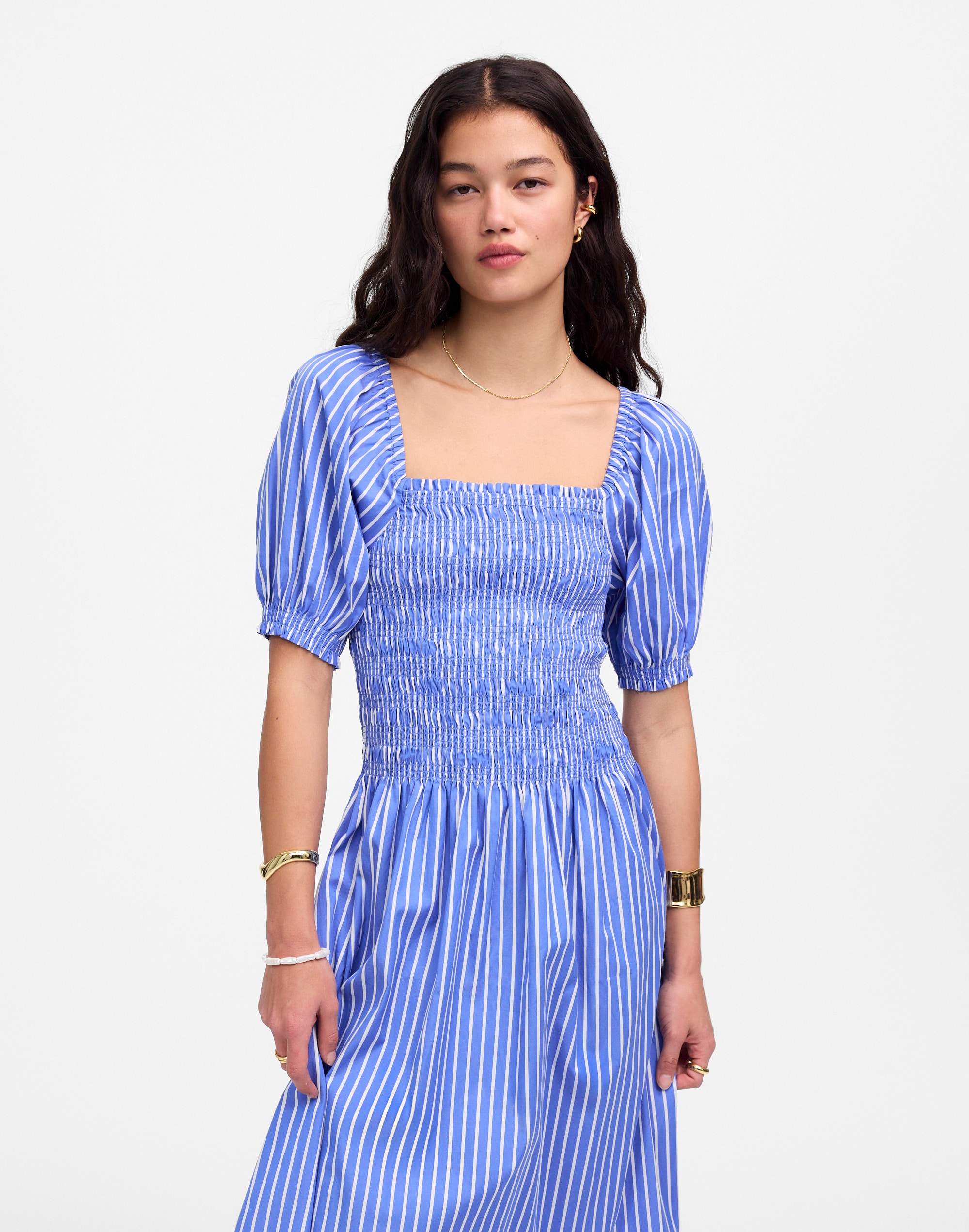 smocked puff sleeve midi dress in stripe poplin