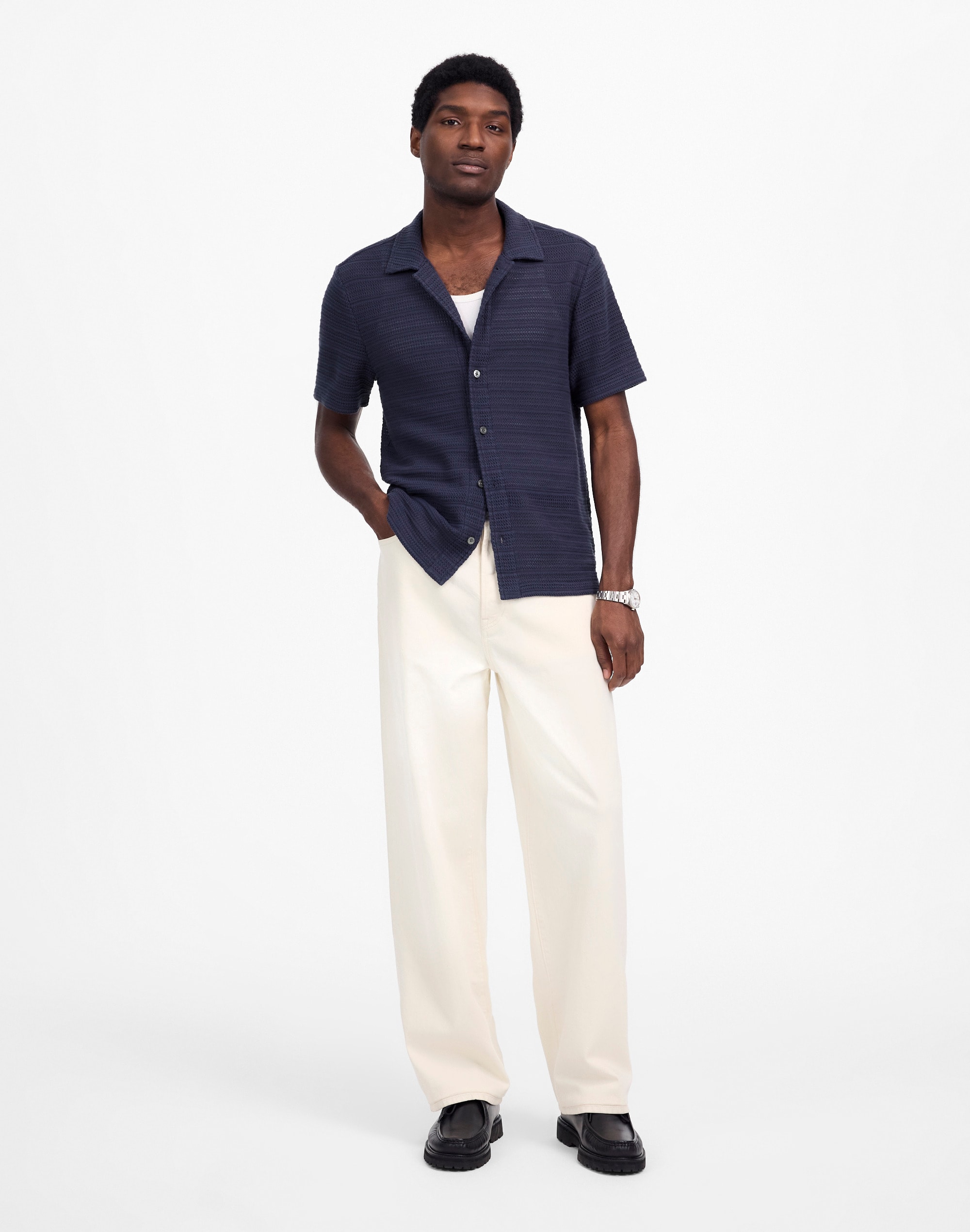 Jacquard-Knit Short-Sleeve Button-Up Shirt