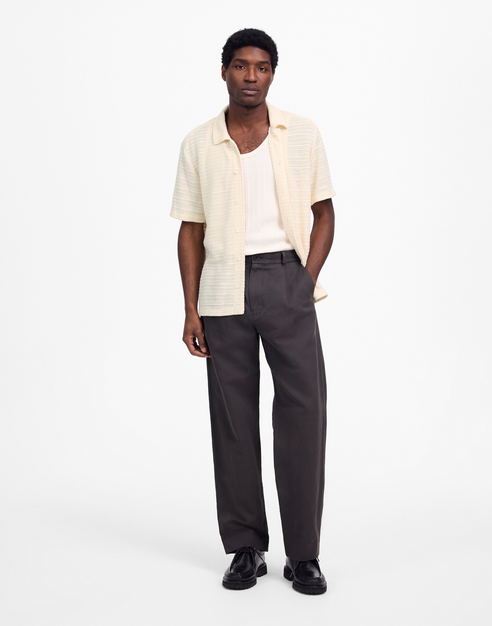 Jacquard-Knit Short-Sleeve Button-Up Shirt