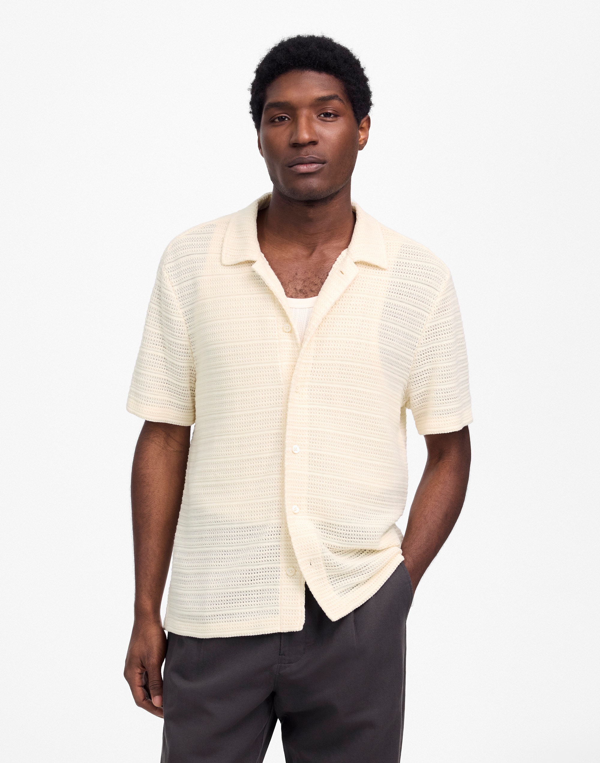 Jacquard-Knit Short-Sleeve Button-Up Shirt