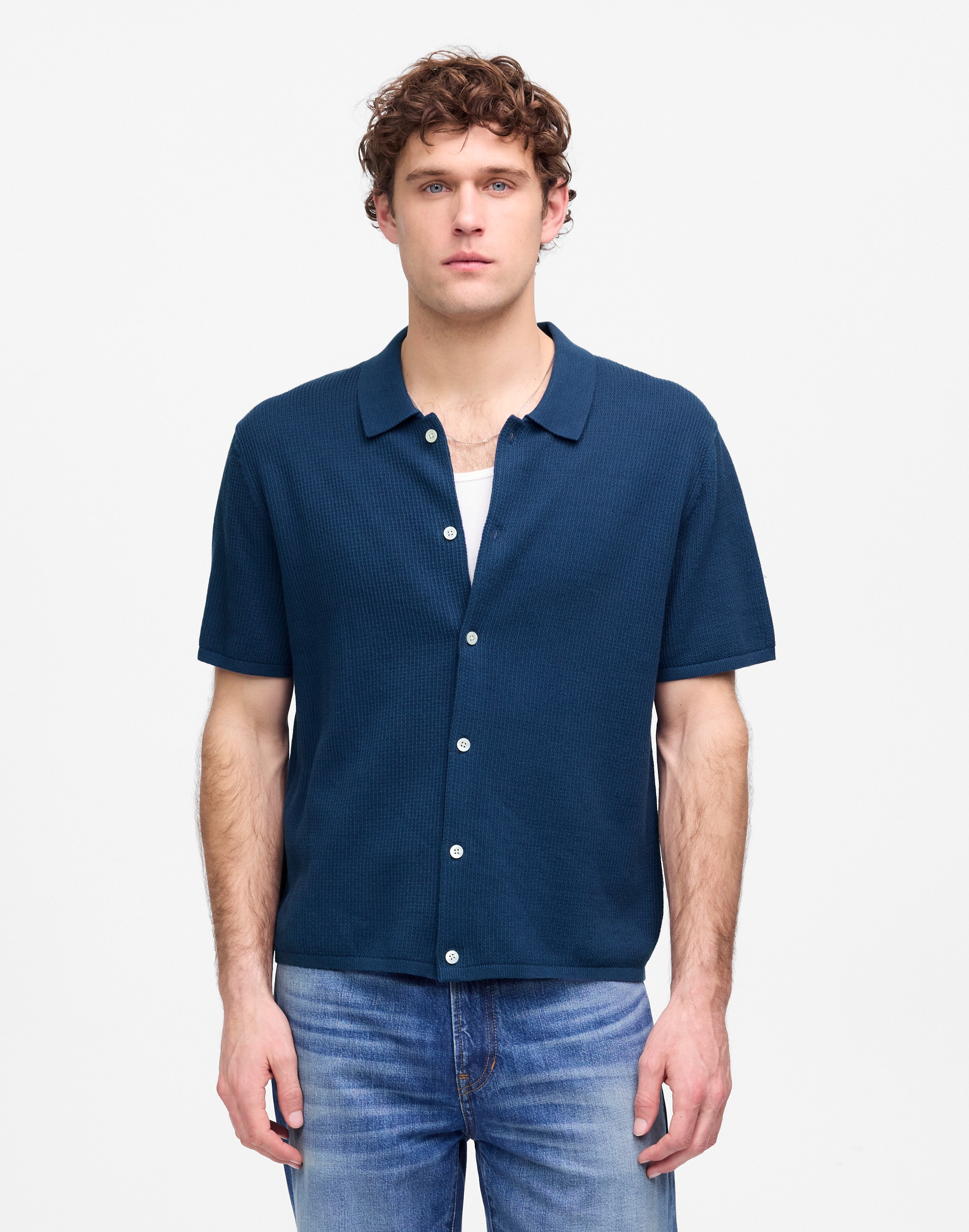 Tuck-Stitch Button-Up Sweater Polo