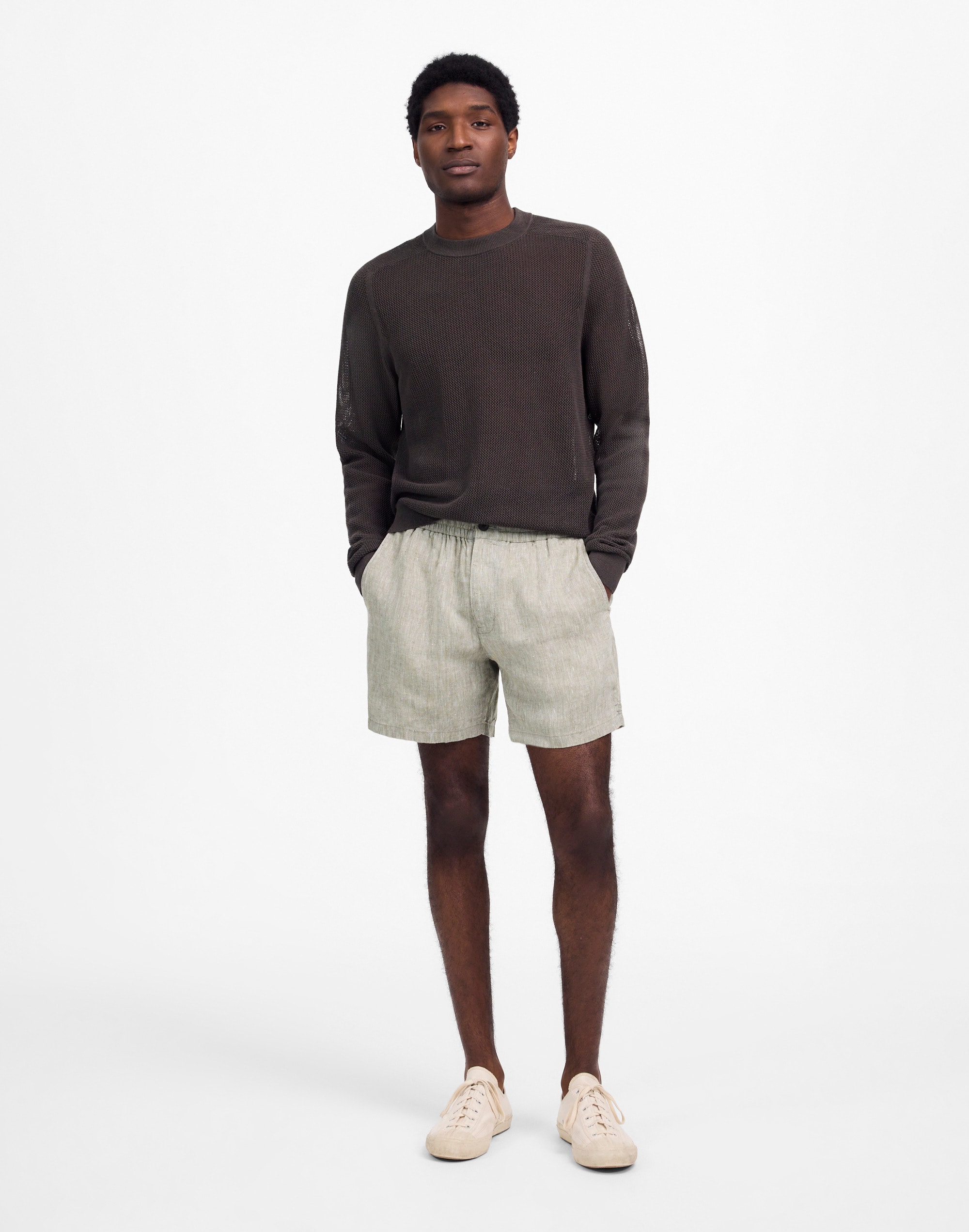 Mesh-Knit Crewneck Sweater in Lightweight Cotton-Linen Blend