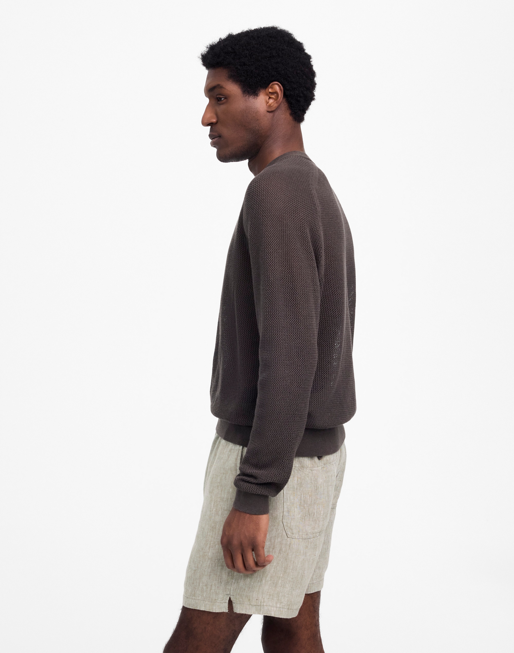 Mesh-Knit Crewneck Sweater in Lightweight Cotton-Linen Blend