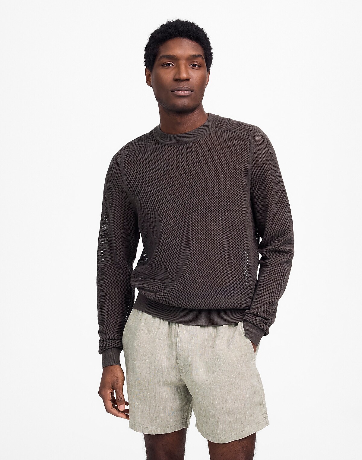 Mesh-Knit Crewneck Sweater in Lightweight Cotton-Linen Blend