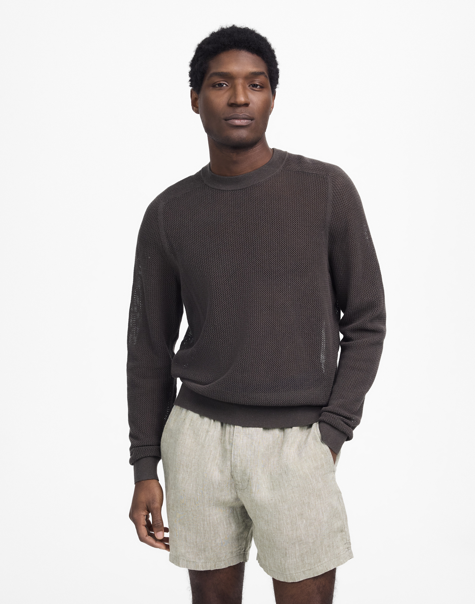 Mesh-Knit Crewneck Sweater in Lightweight Cotton-Linen Blend