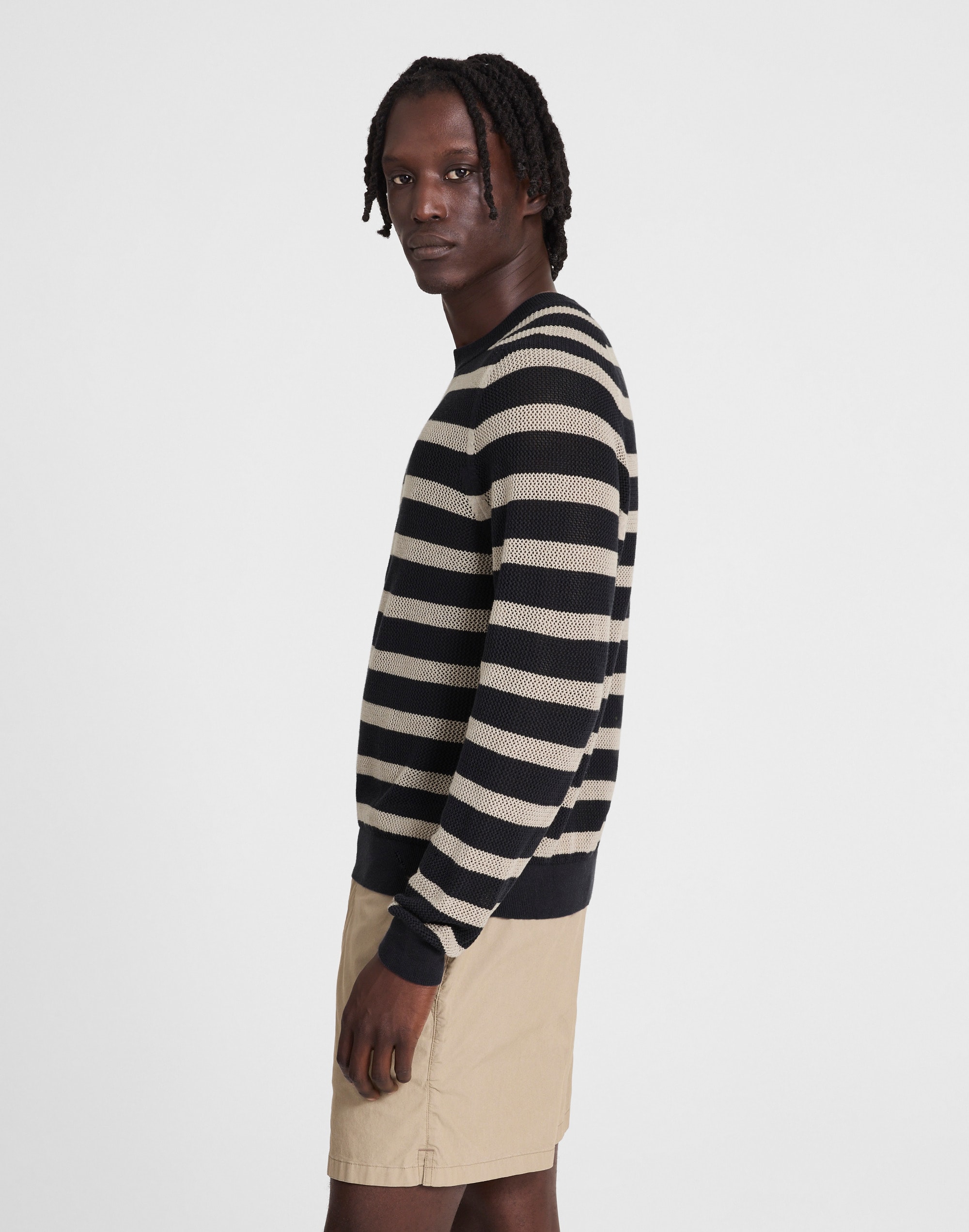 Mesh-Knit Crewneck Sweater in Lightweight Cotton-Linen Blend