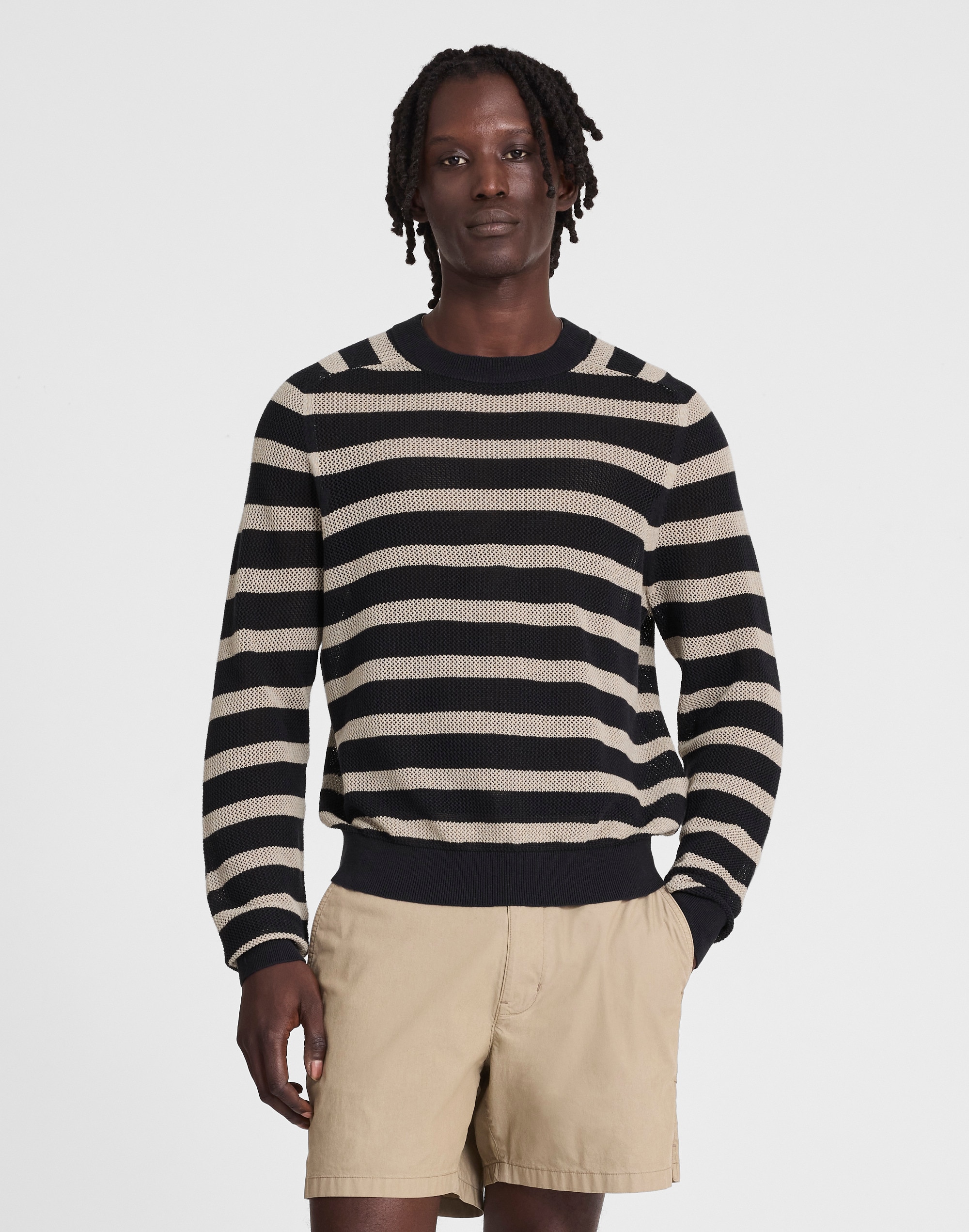 Mesh-Knit Crewneck Sweater in Lightweight Cotton-Linen Blend
