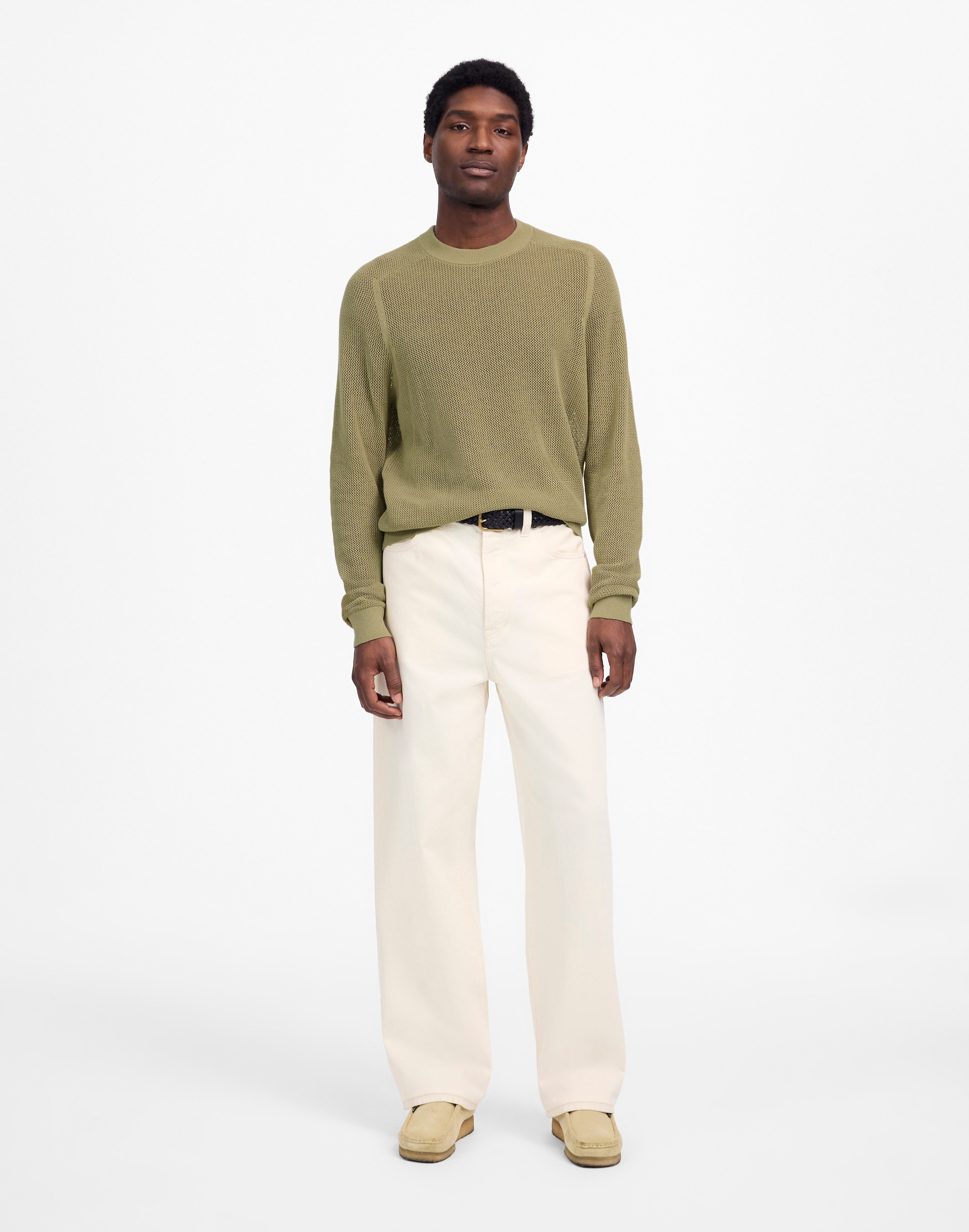 Mesh-Knit Crewneck Sweater in Lightweight Cotton-Linen Blend