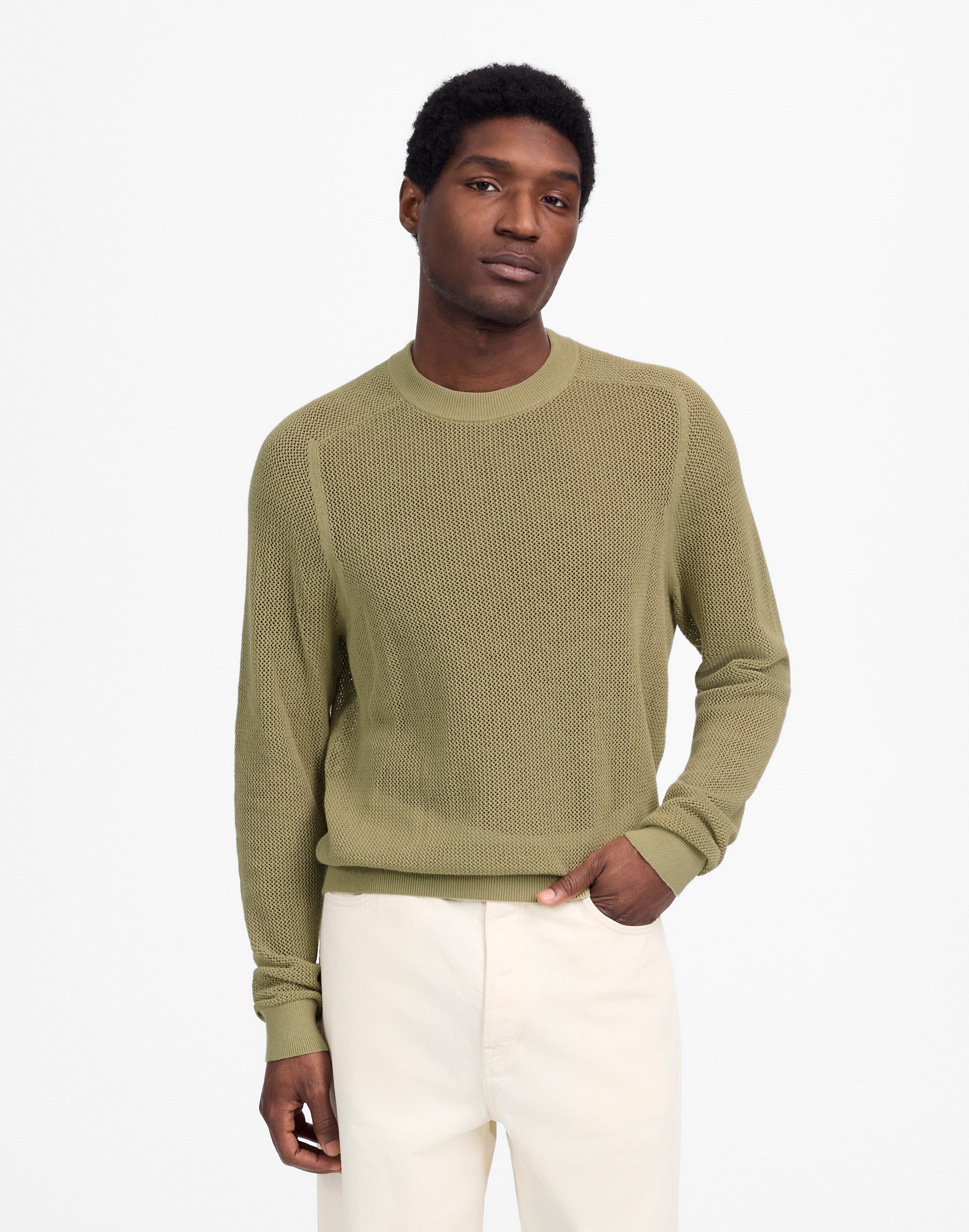 Mesh-Knit Crewneck Sweater in Lightweight Cotton-Linen Blend