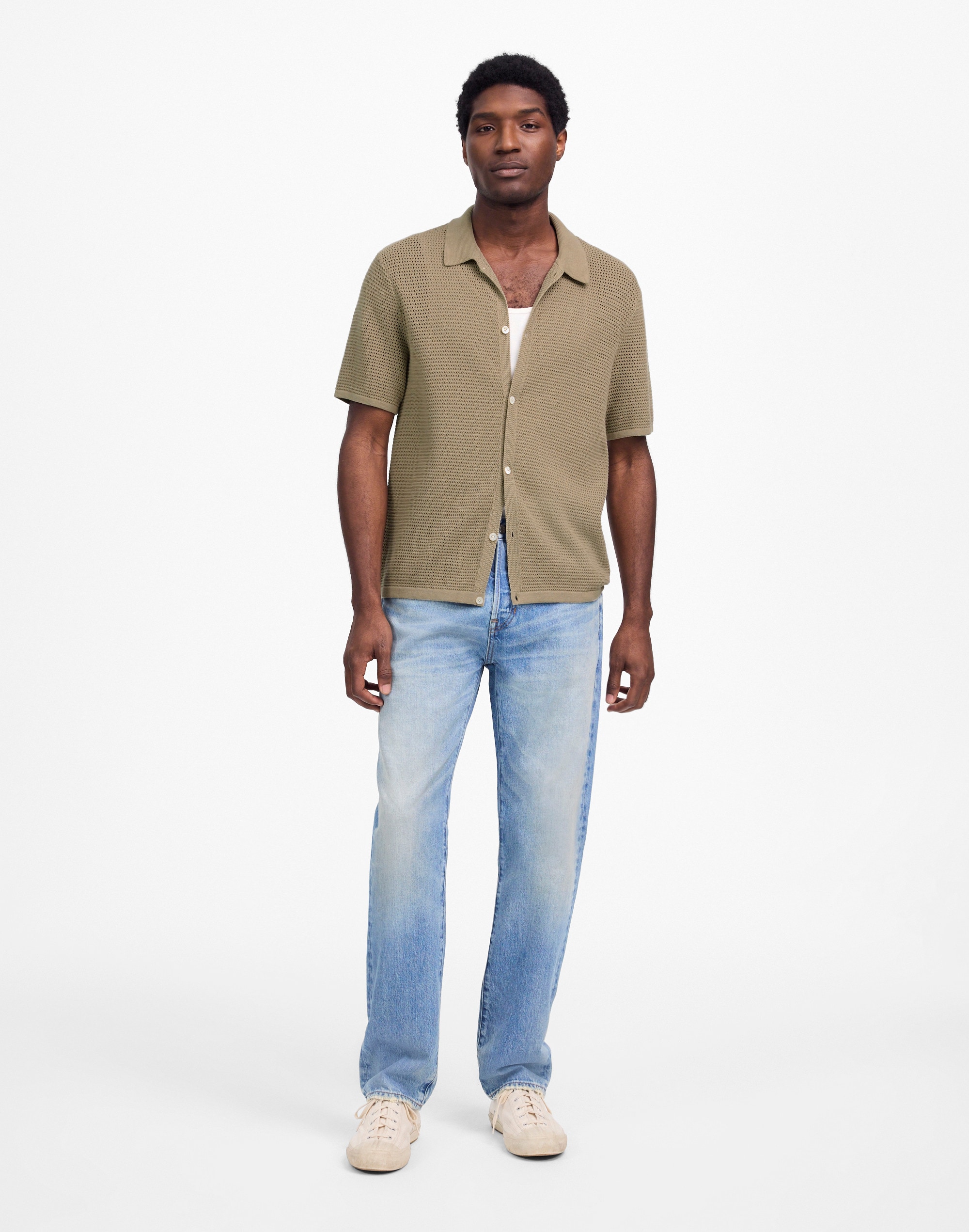 Open-Stitch Button-Up Sweater Polo