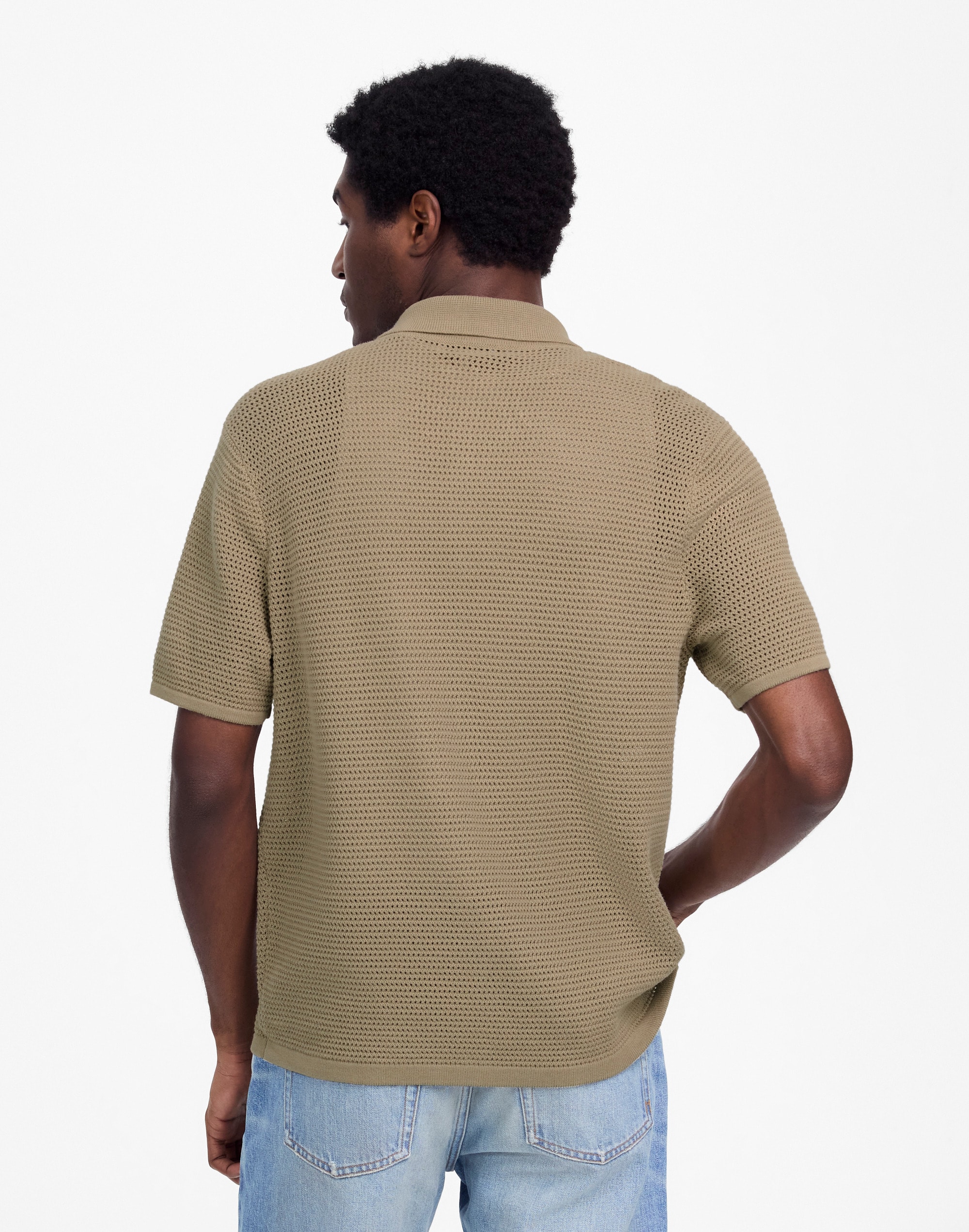 Open-Stitch Button-Up Sweater Polo