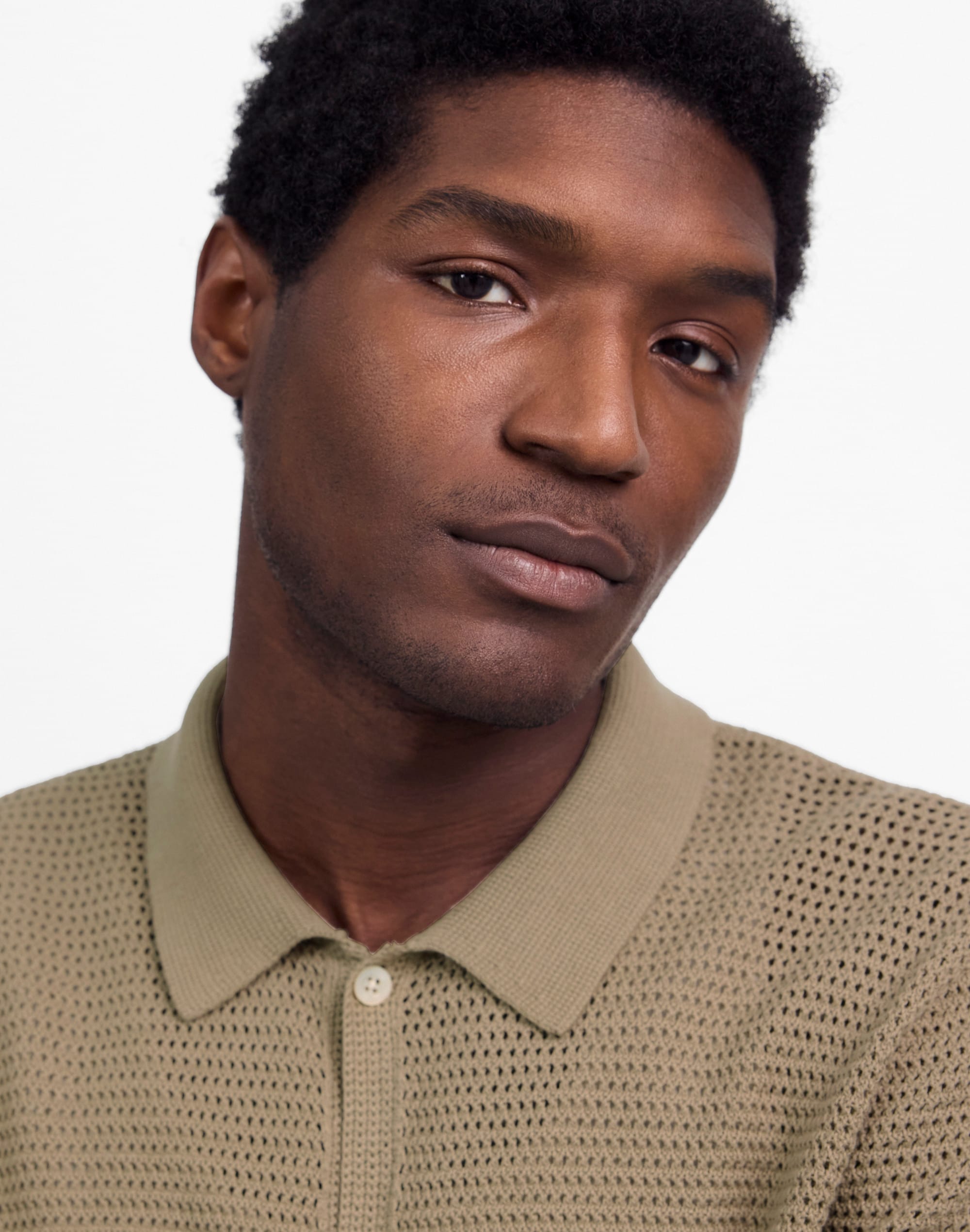 Open-Stitch Button-Up Sweater Polo