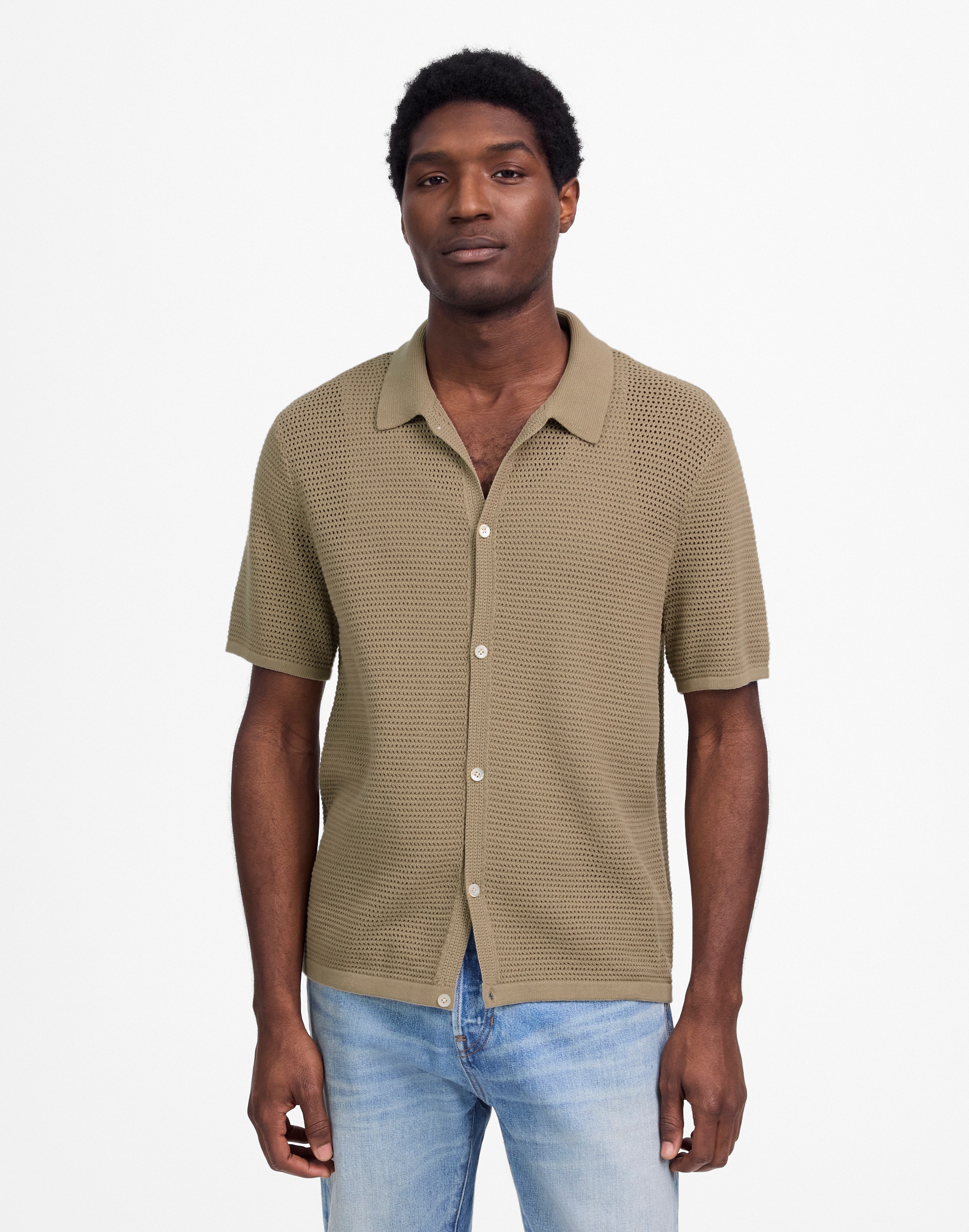 Open-Stitch Button-Up Sweater Polo