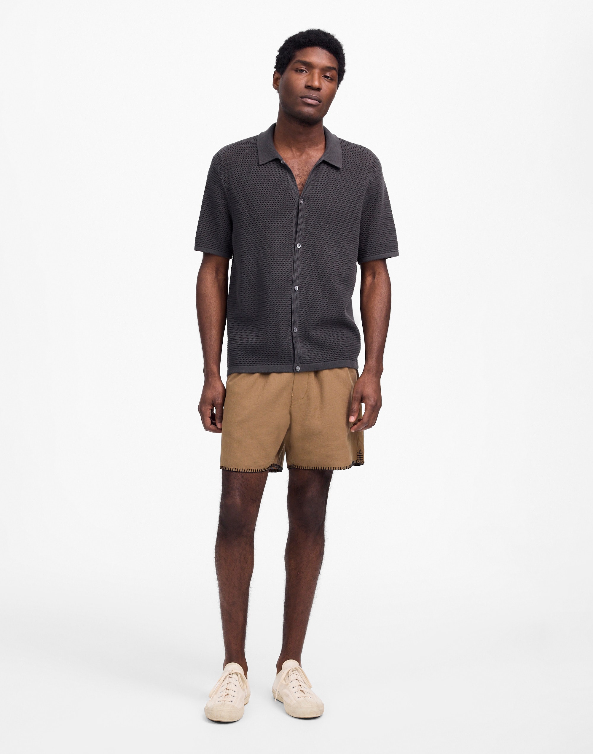 Open-Stitch Button-Up Sweater Polo