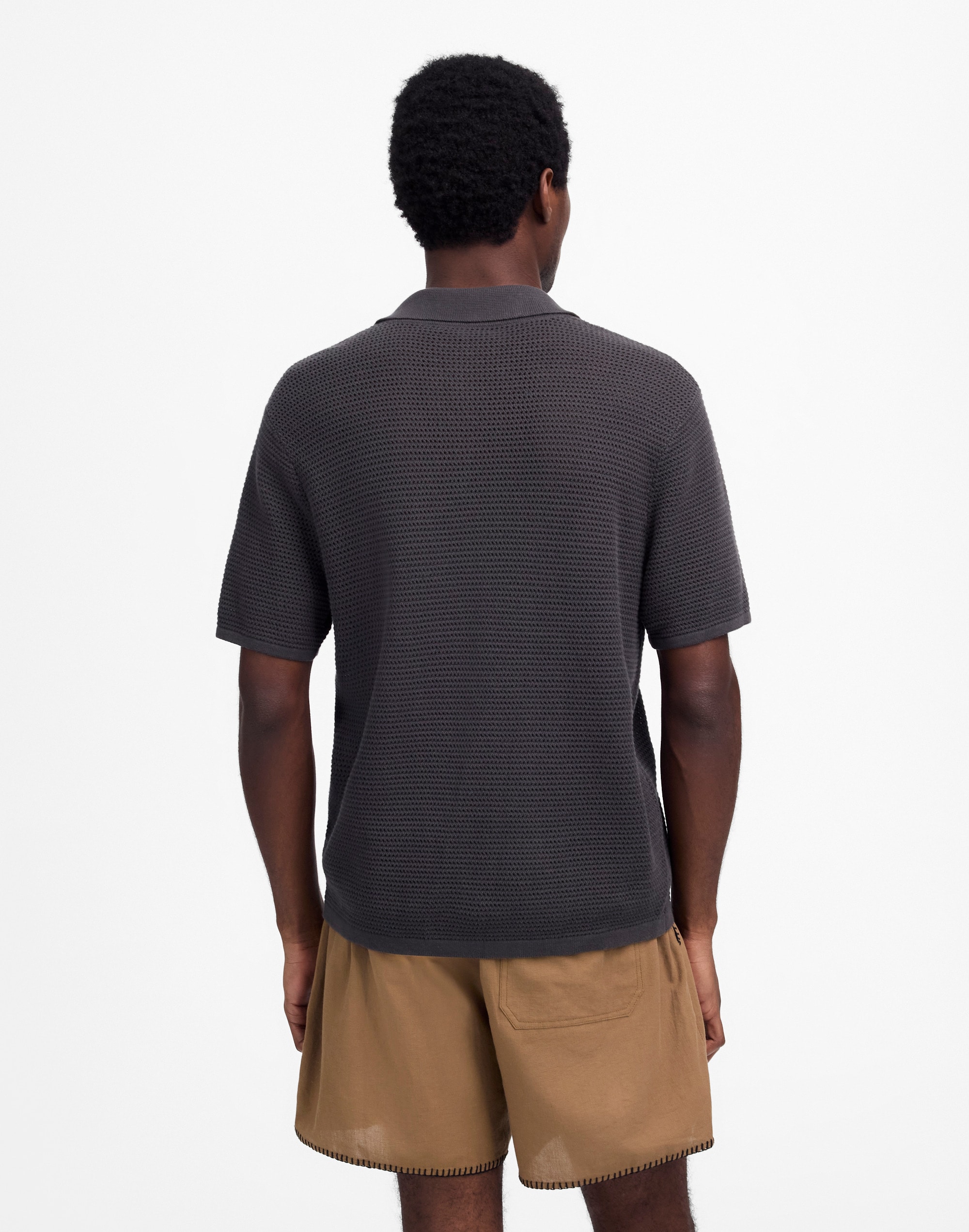 Open-Stitch Button-Up Sweater Polo