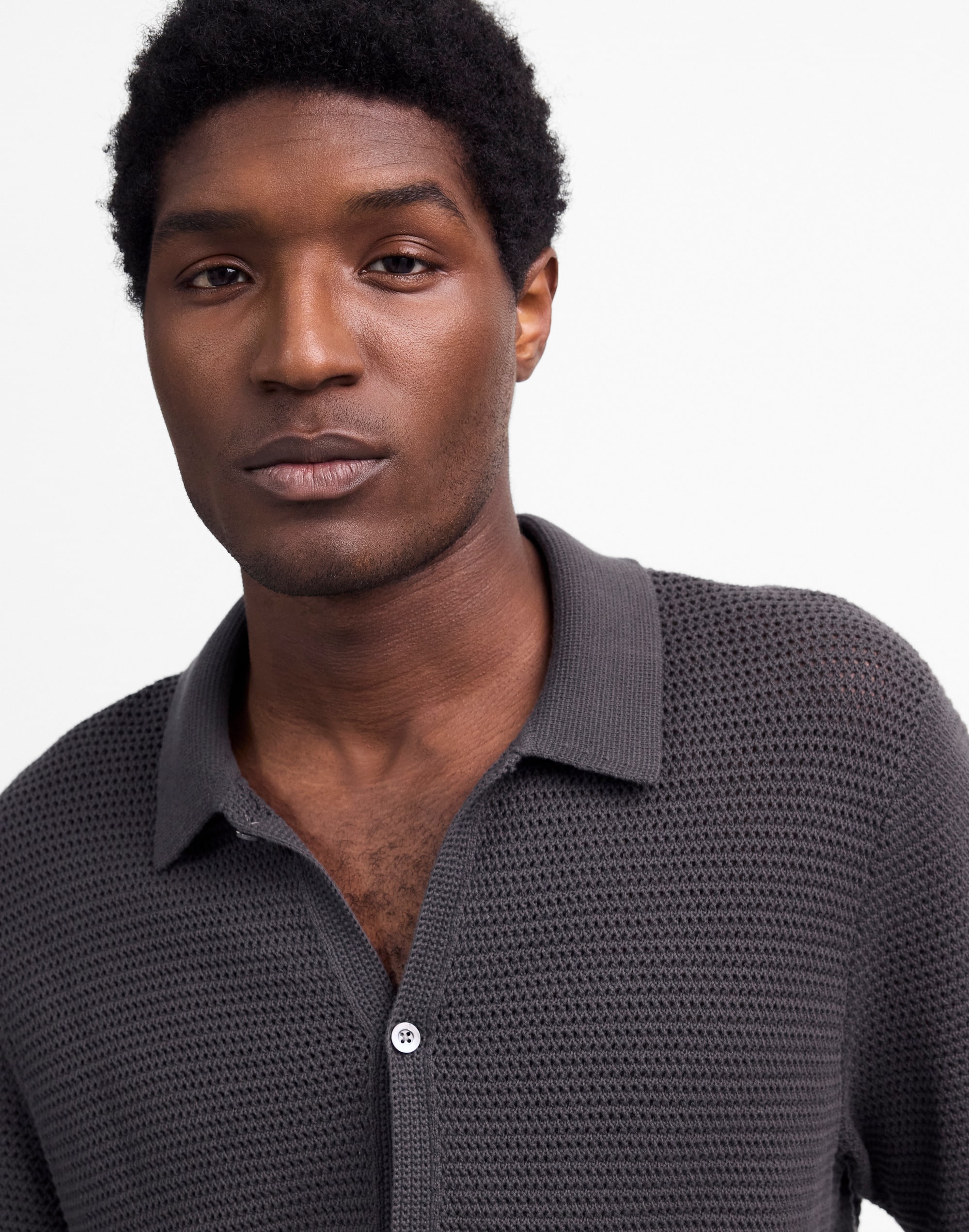 Open-Stitch Button-Up Sweater Polo