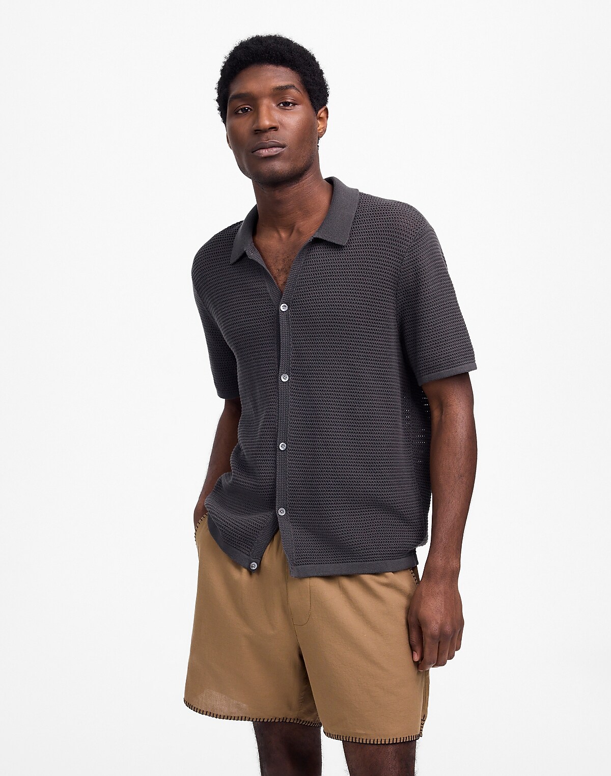 Open-Stitch Button-Up Sweater Polo