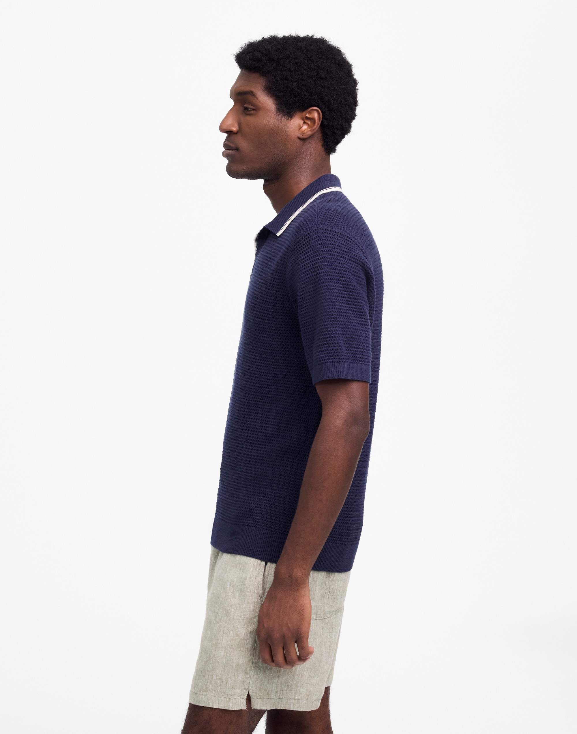 Contrast-Stitch Johnny-Collar Sweater Polo