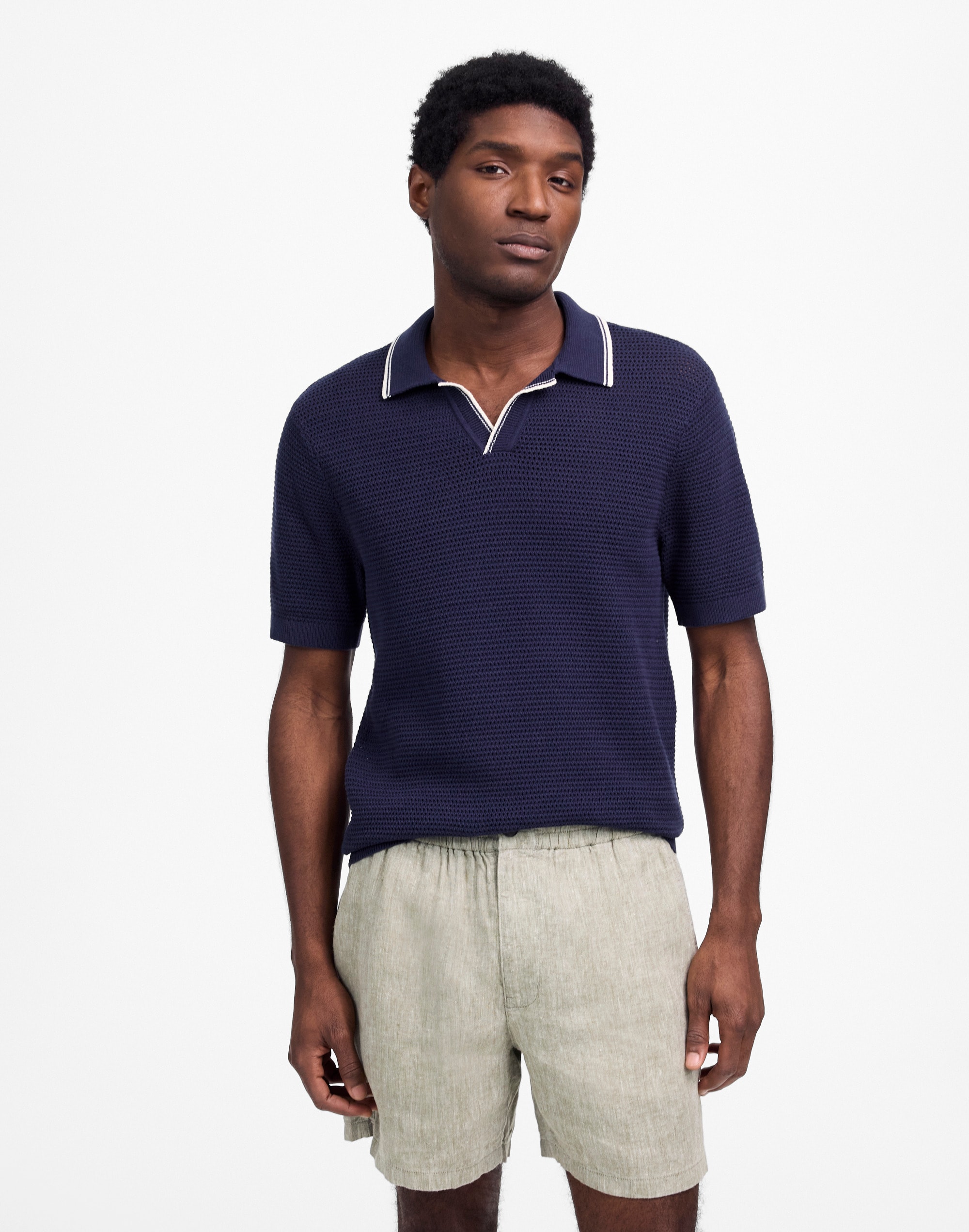 Contrast-Stitch Johnny-Collar Sweater Polo