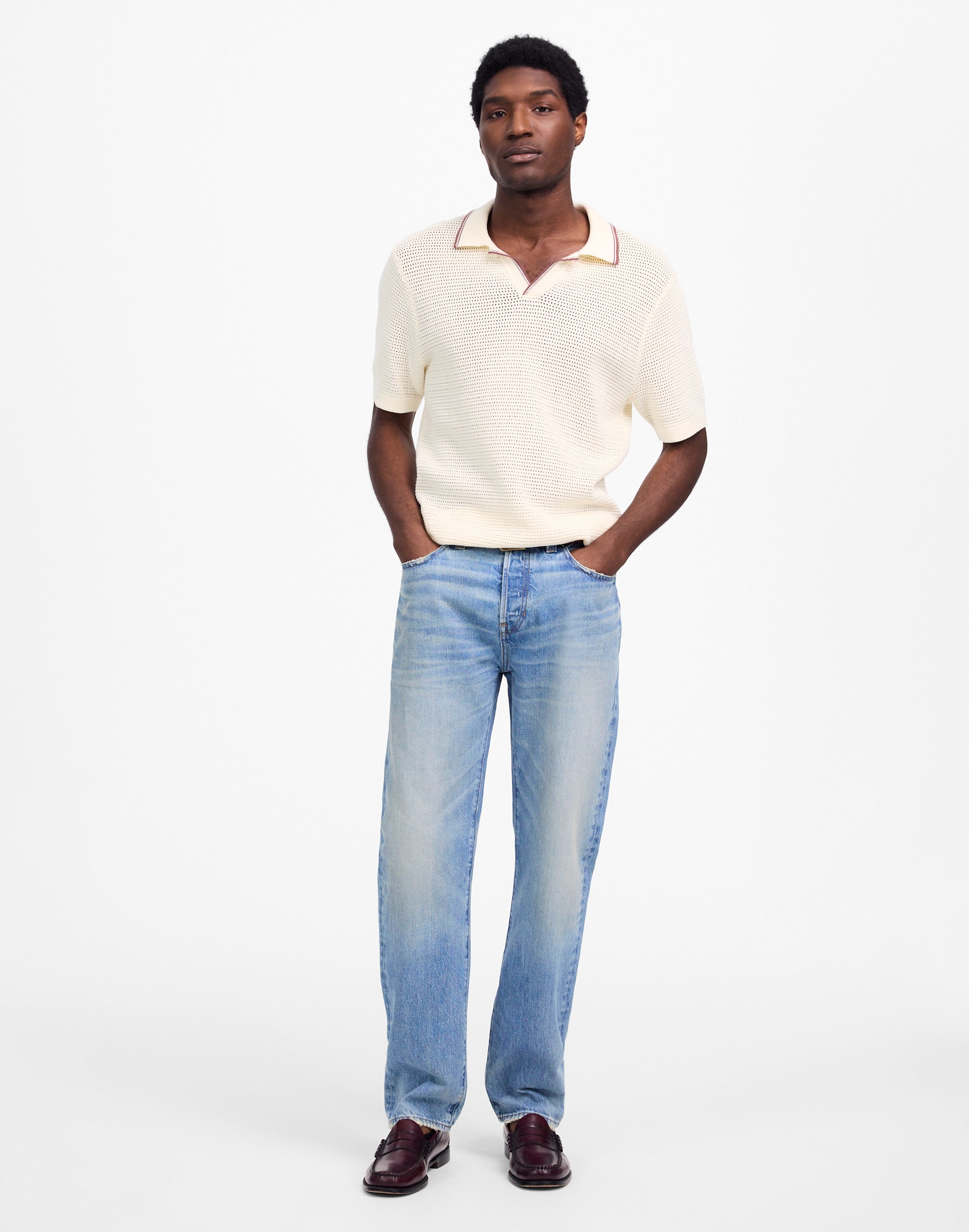 Contrast-Stitch Johnny-Collar Sweater Polo