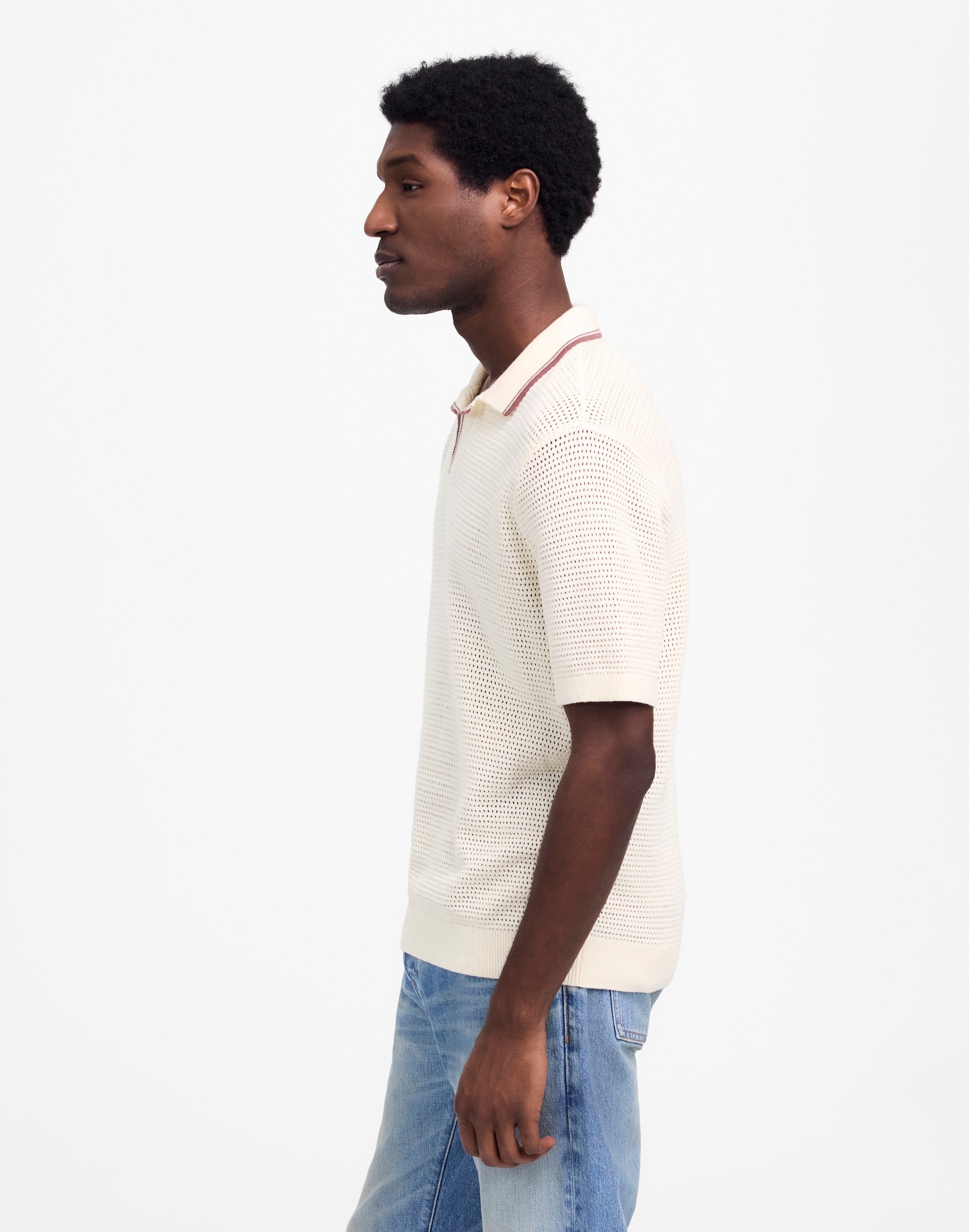 Contrast-Stitch Johnny-Collar Sweater Polo