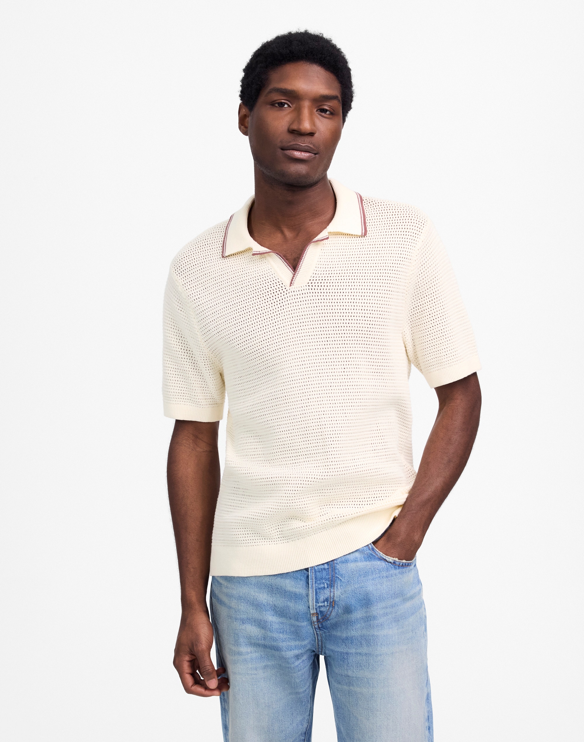 Contrast-Stitch Johnny-Collar Sweater Polo