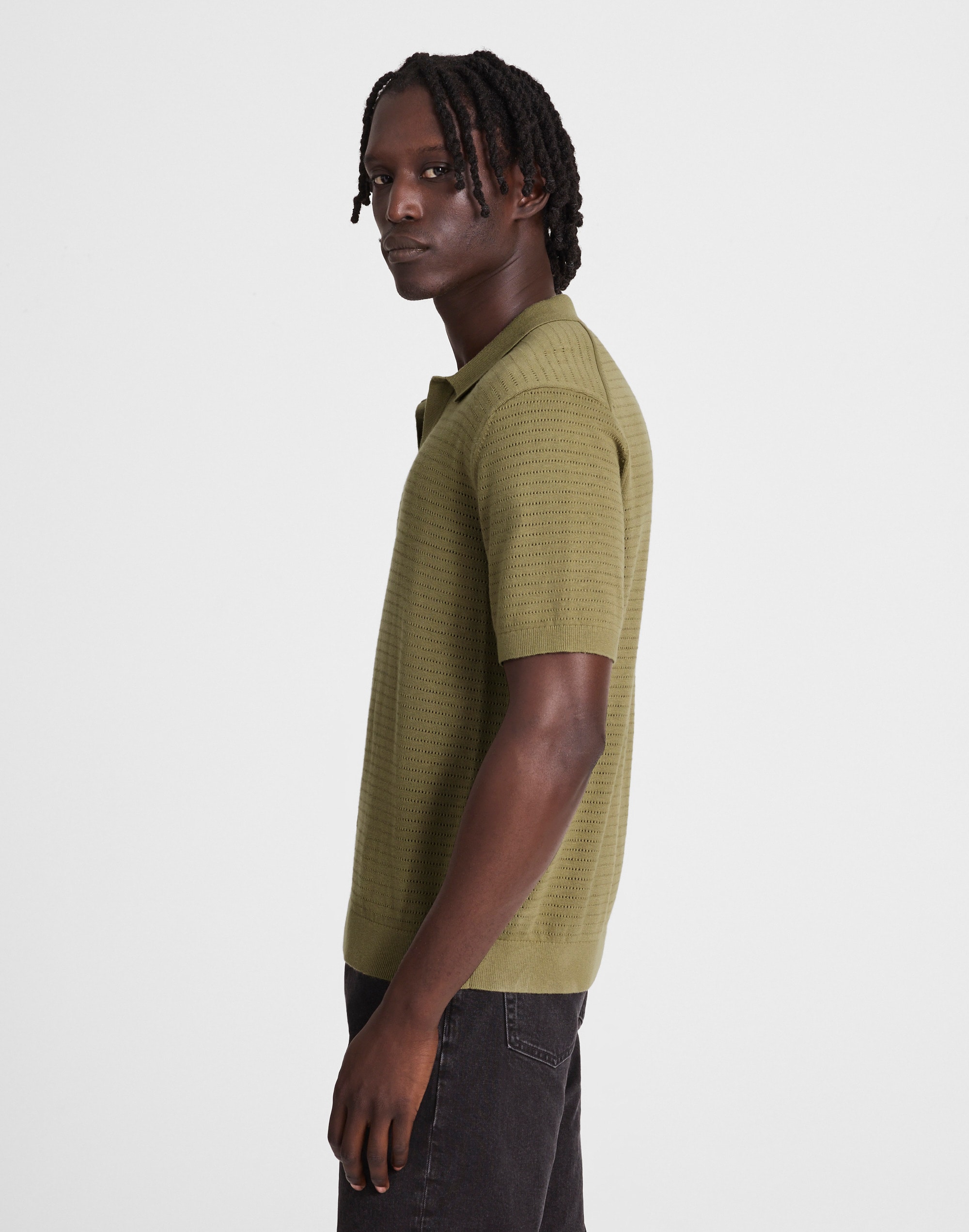 Pointelle-Stitch Johnny-Collar Sweater Polo