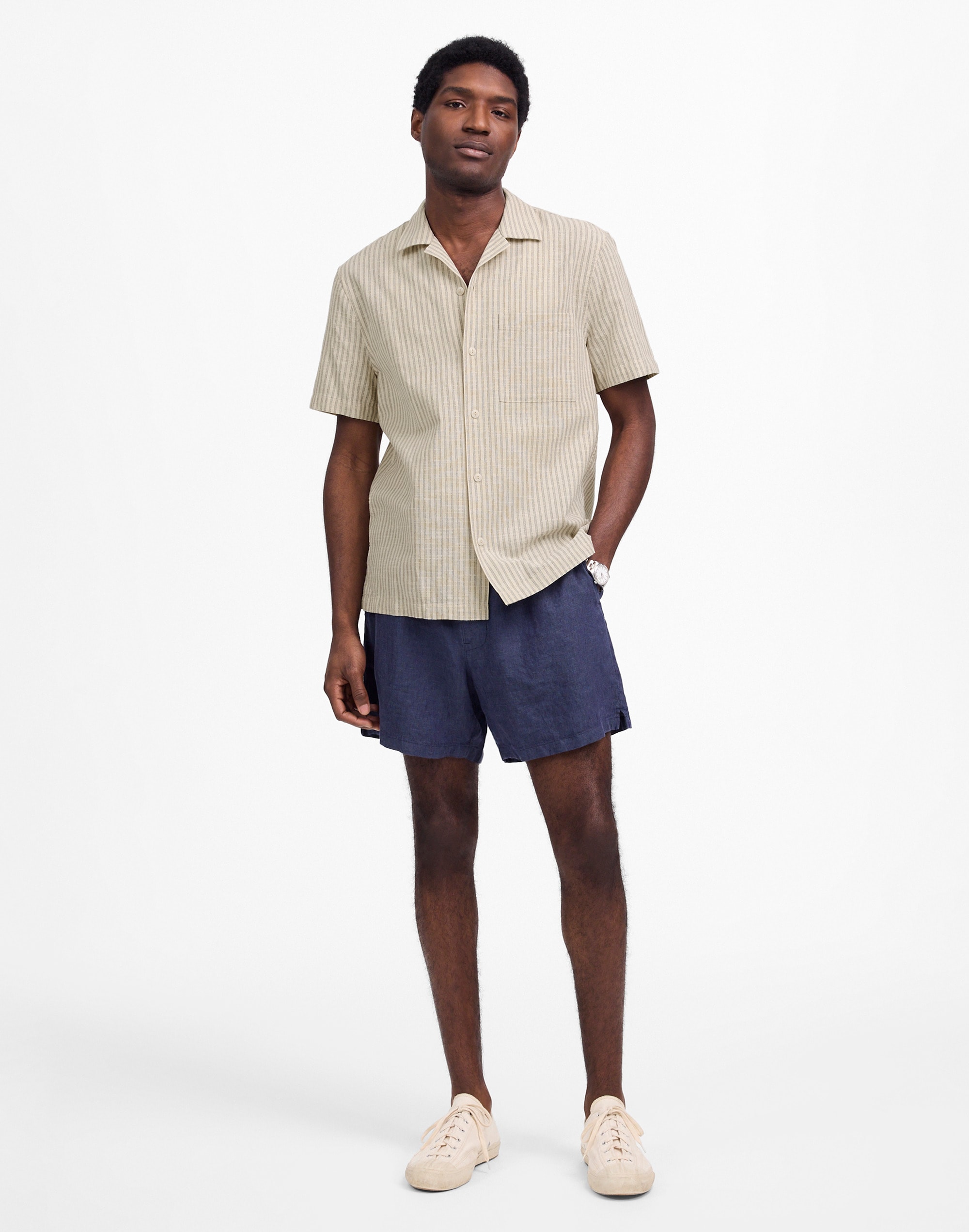 Short-Sleeve Button-Up Shirt in Indigo-Dyed Stripe