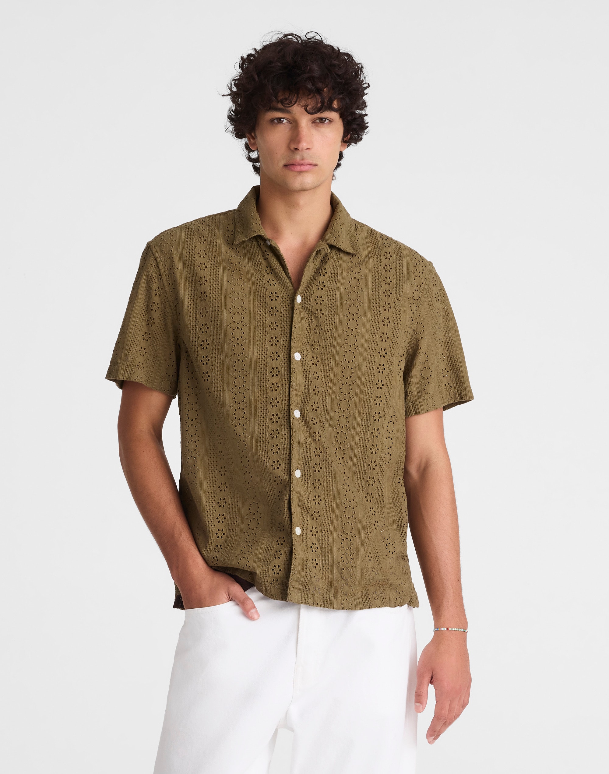 Camp-Collar Short-Sleeve Shirt in Embroidered Cotton