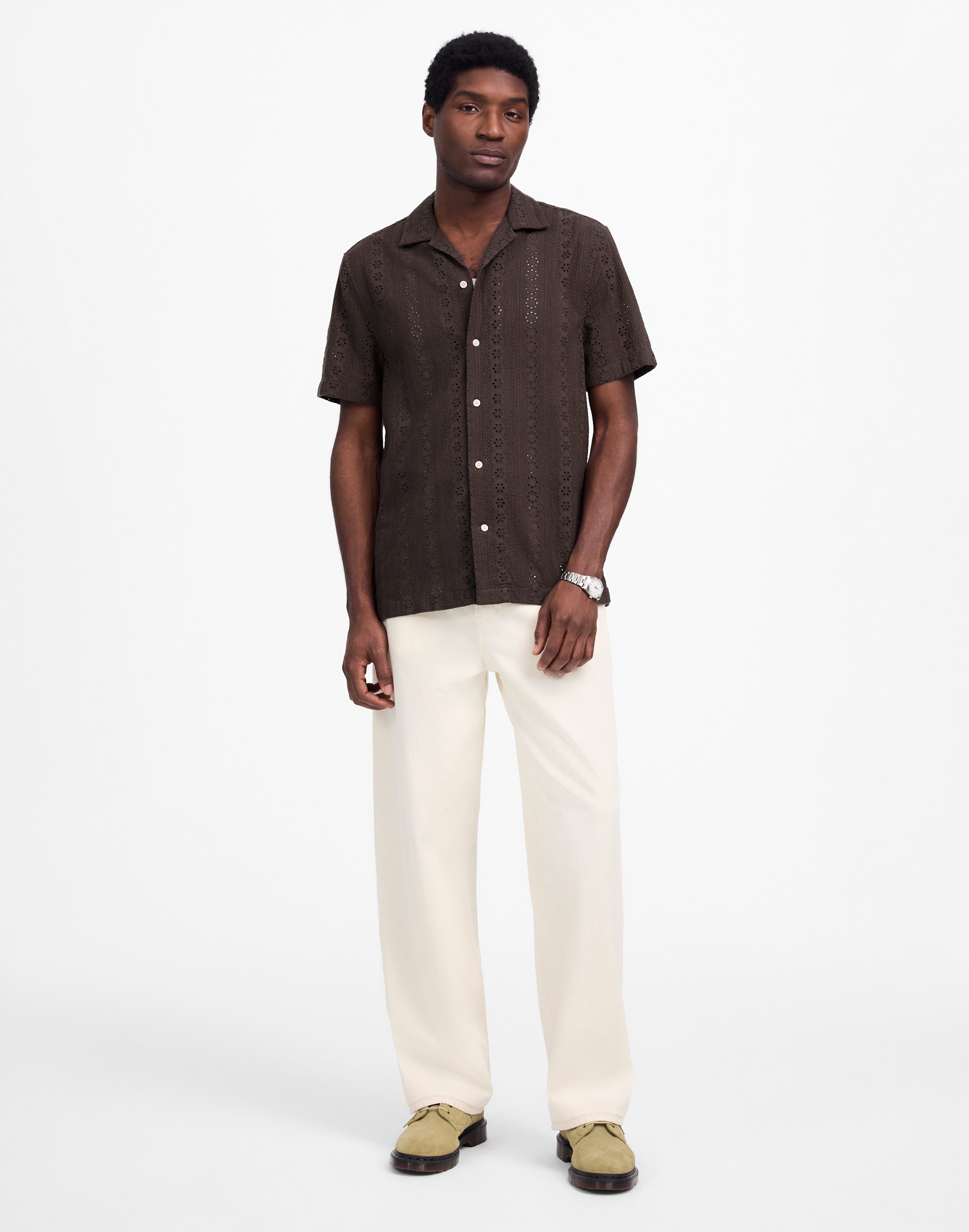 Camp-Collar Short-Sleeve Shirt in Embroidered Cotton