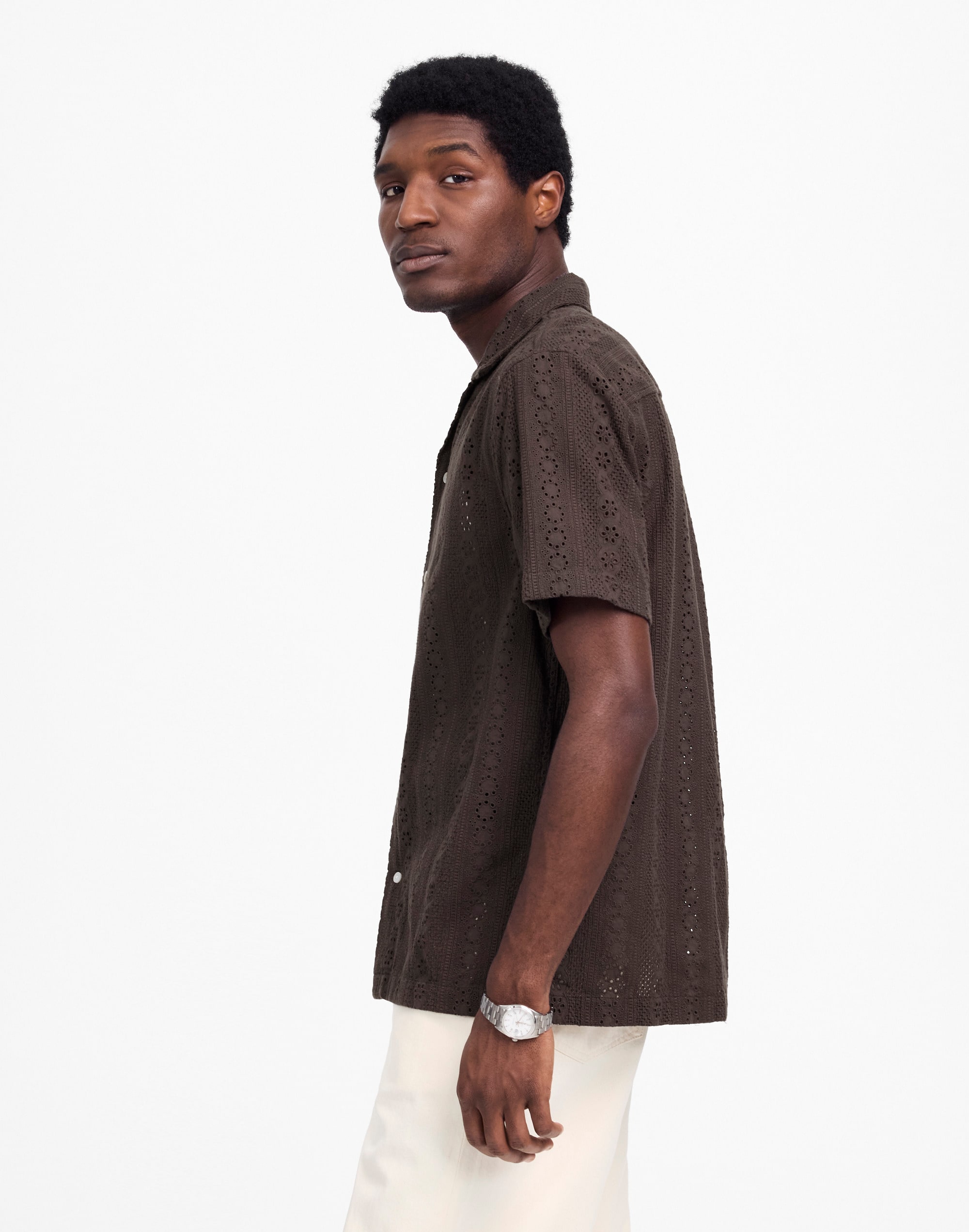 Camp-Collar Short-Sleeve Shirt in Embroidered Cotton