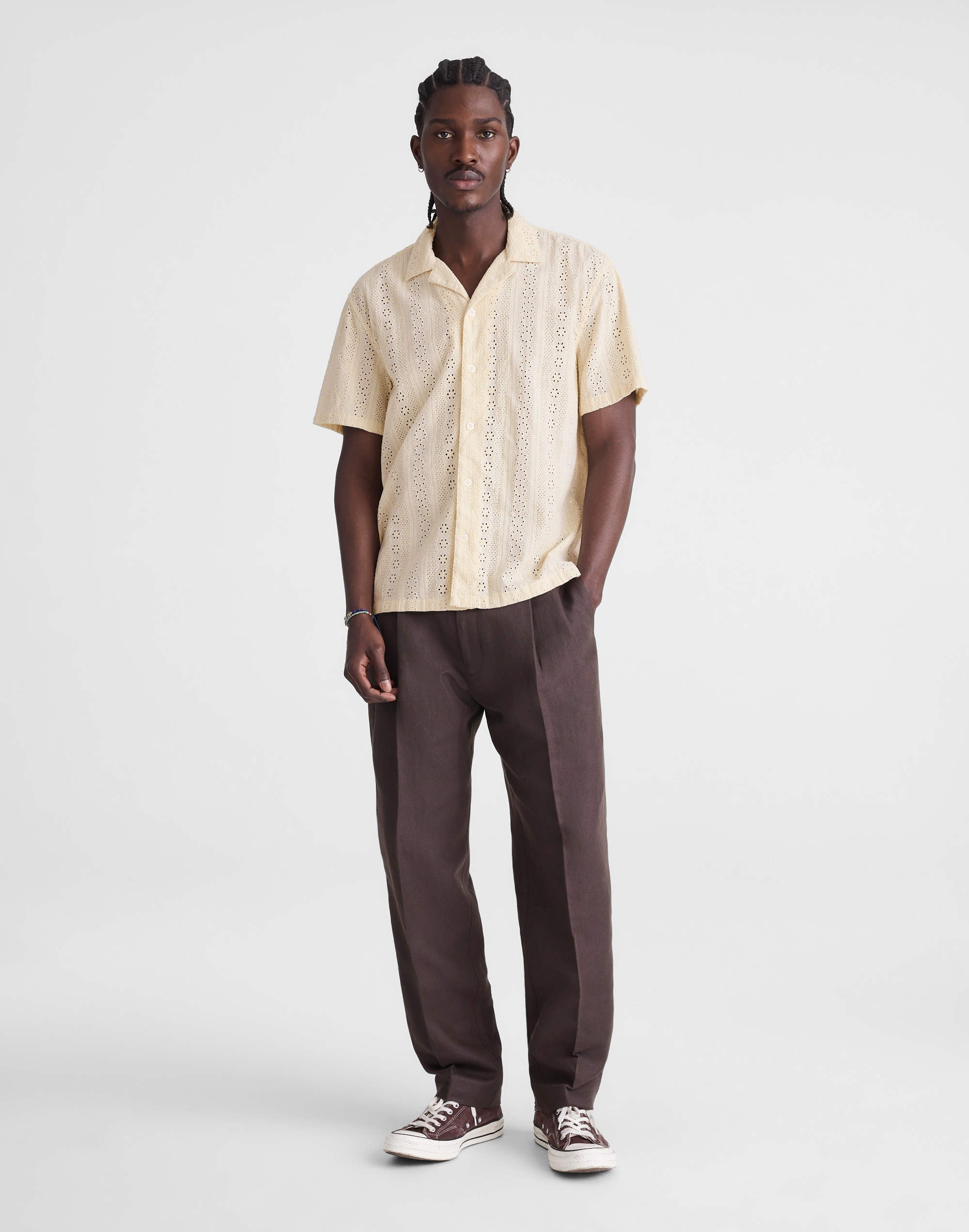 Camp-Collar Short-Sleeve Shirt in Embroidered Cotton