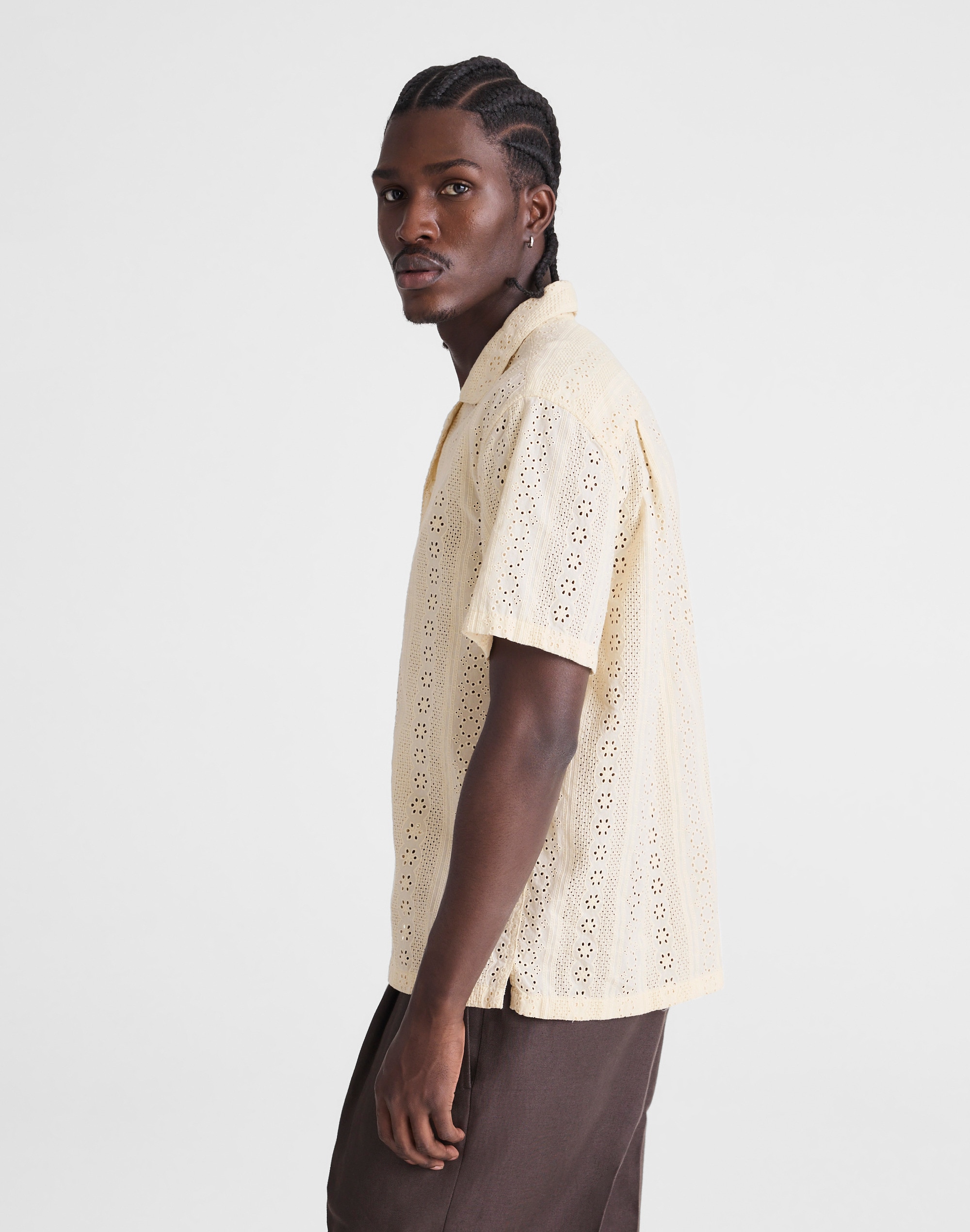 Camp-Collar Short-Sleeve Shirt in Embroidered Cotton