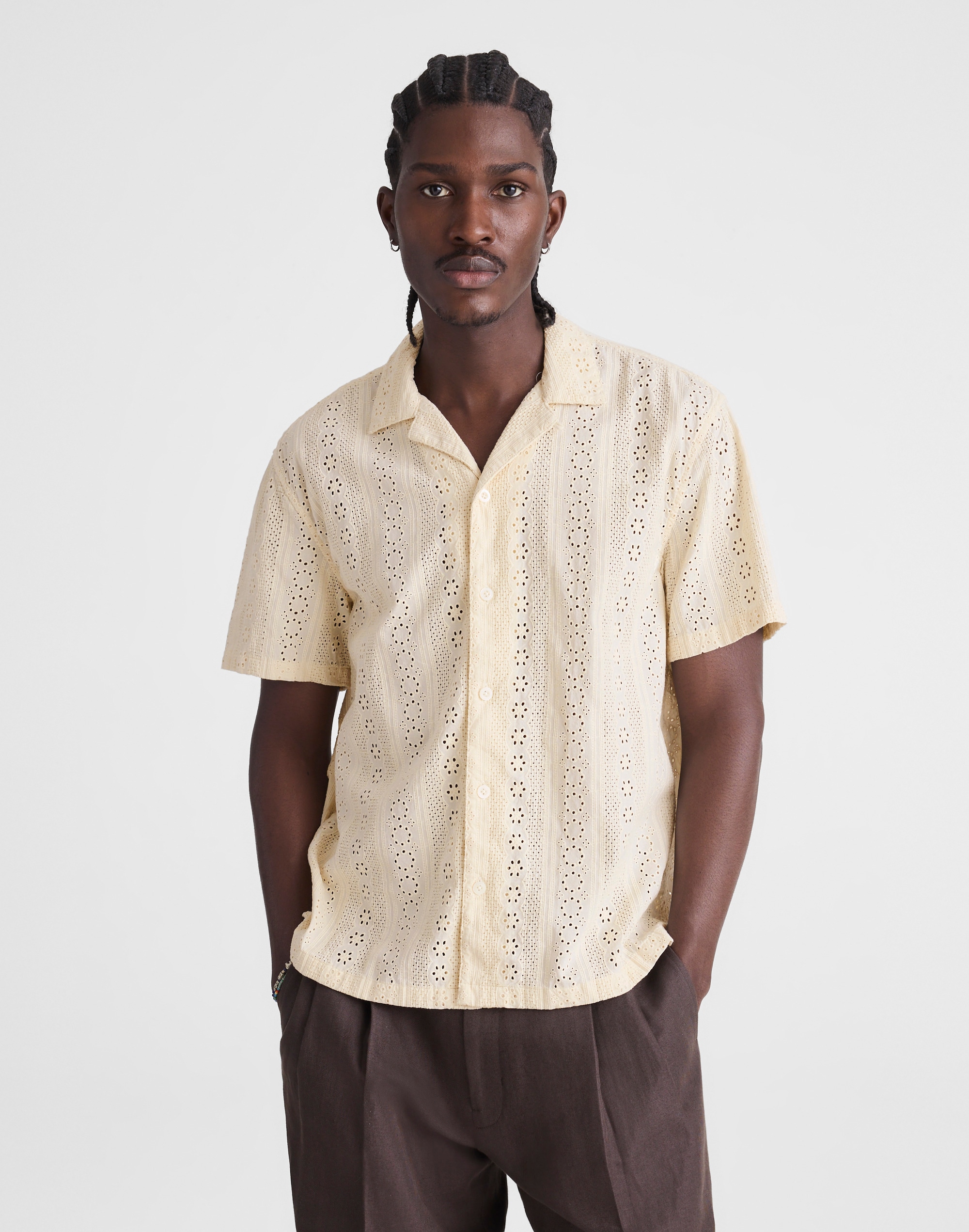Camp-Collar Short-Sleeve Shirt in Embroidered Cotton