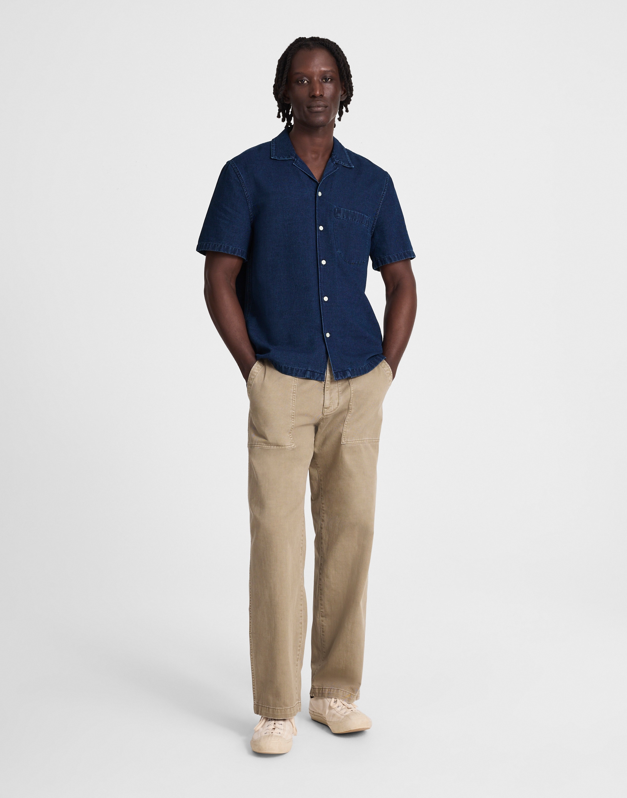 Indigo-Dyed Camp-Collar Short-Sleeve Shirt