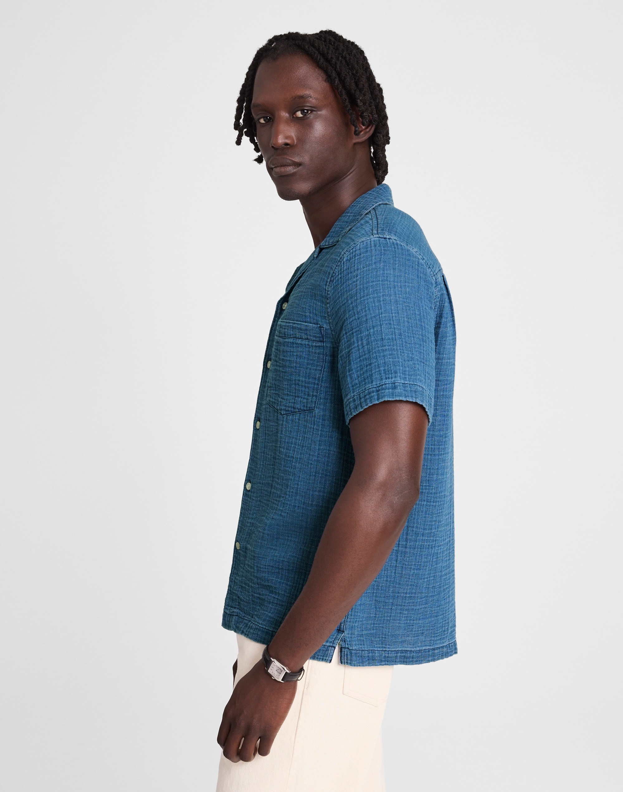 Indigo-Dyed Short-Sleeve Button-Up Shirt