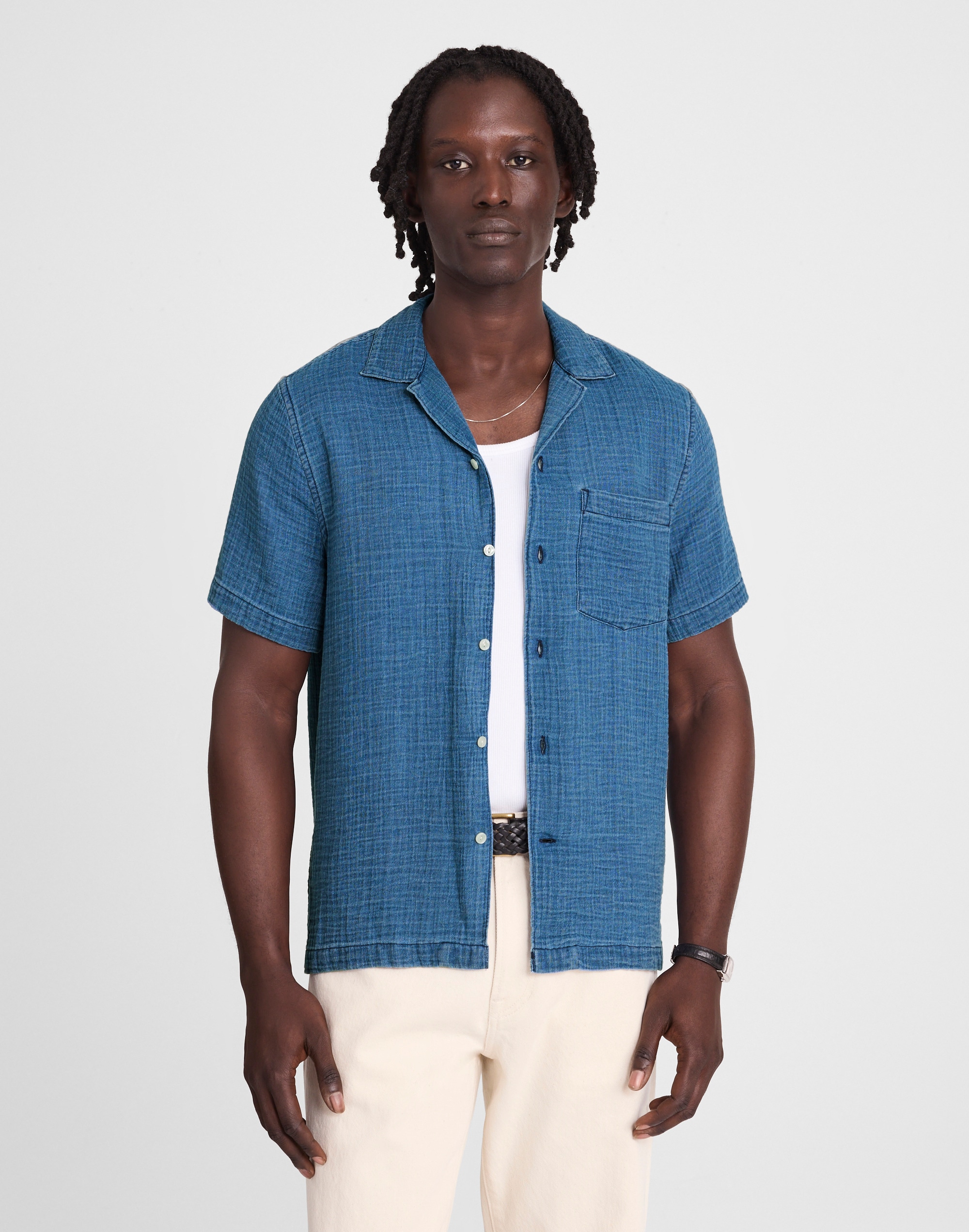 Indigo-Dyed Short-Sleeve Button-Up Shirt