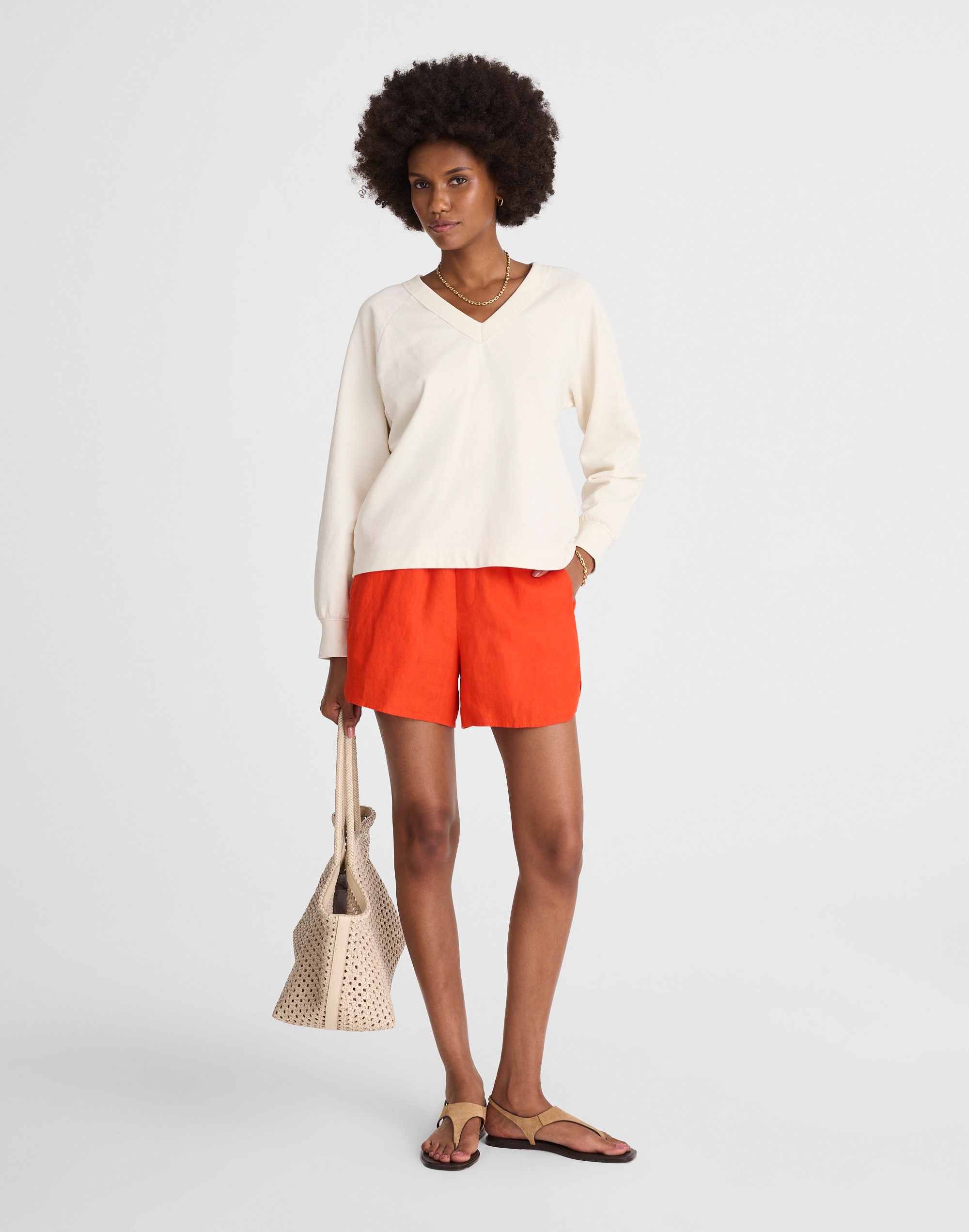 Curved Hem Pull-On Shorts in 100% Linen