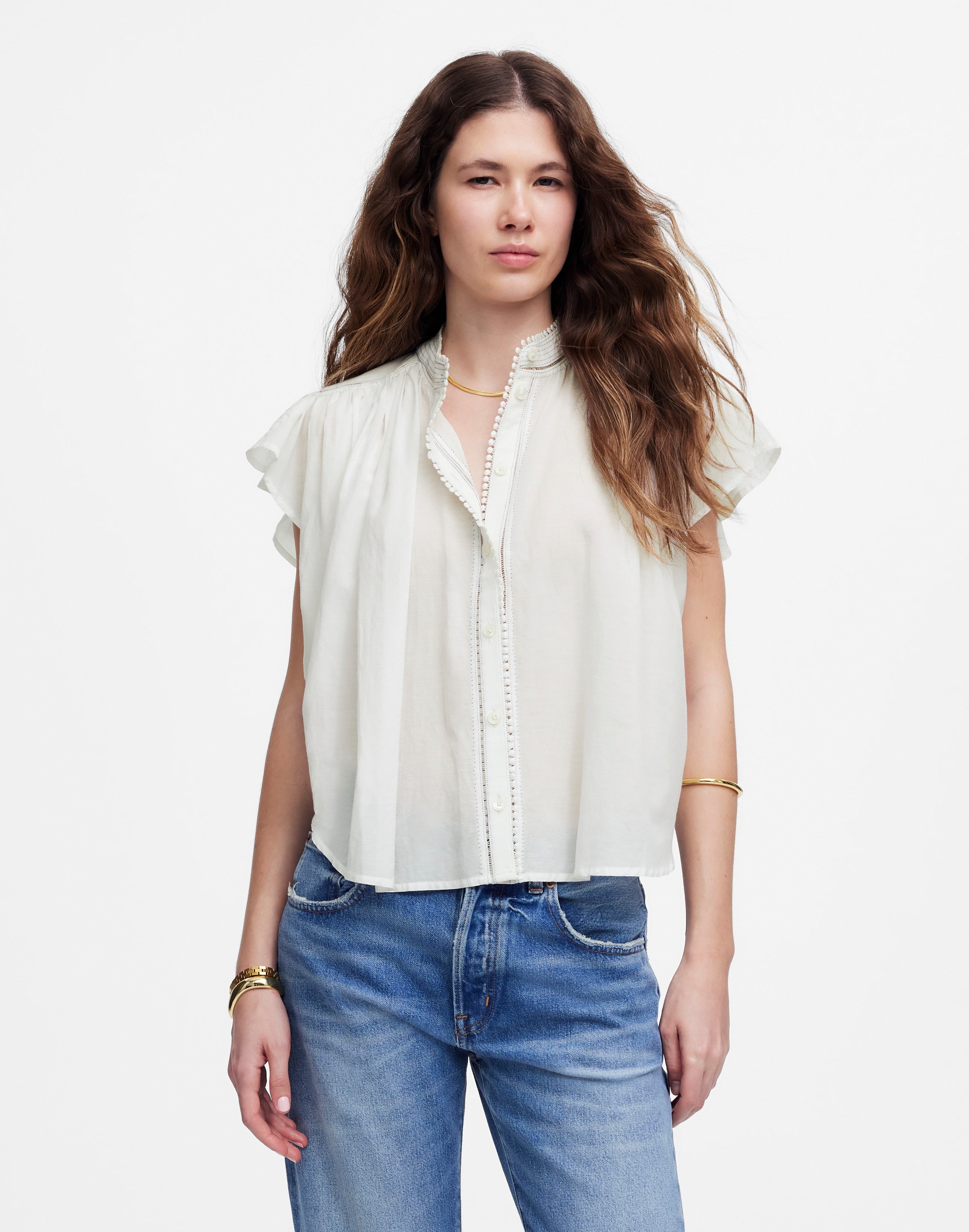 Shirred Lace-Trim Top
