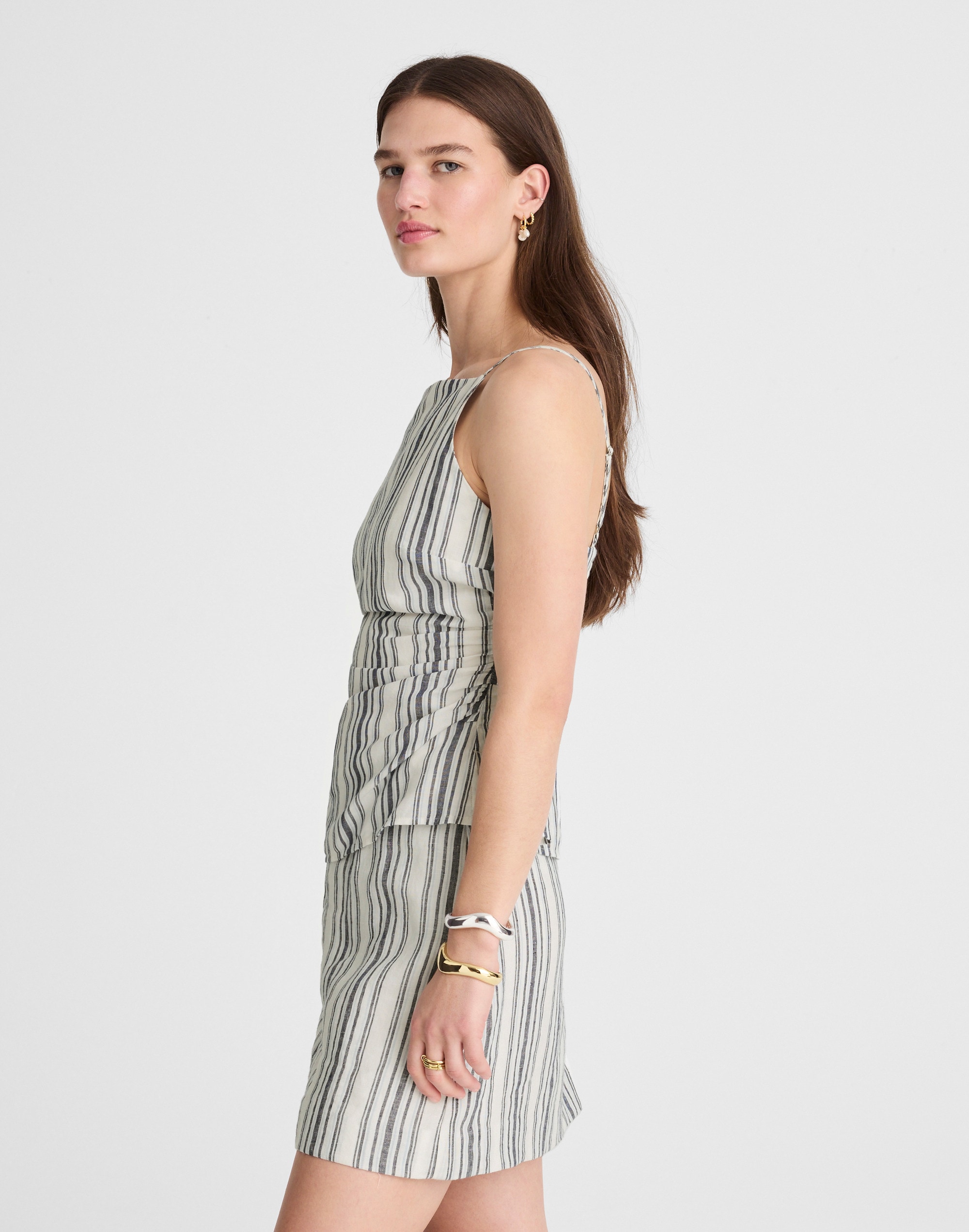 Ruched Squareneck Tank in Linen-Cotton