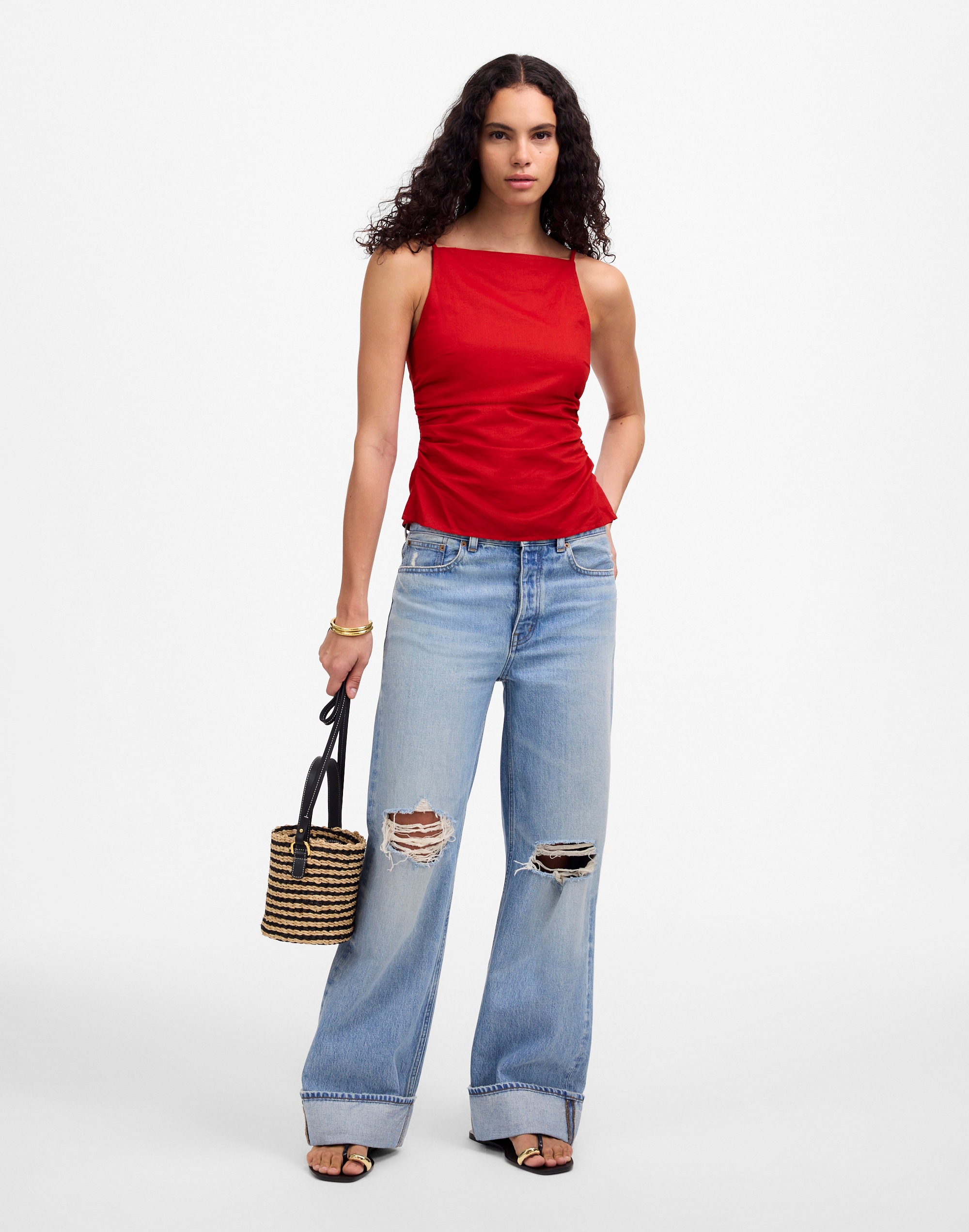 Ruched Squareneck Tank in Linen-Cotton