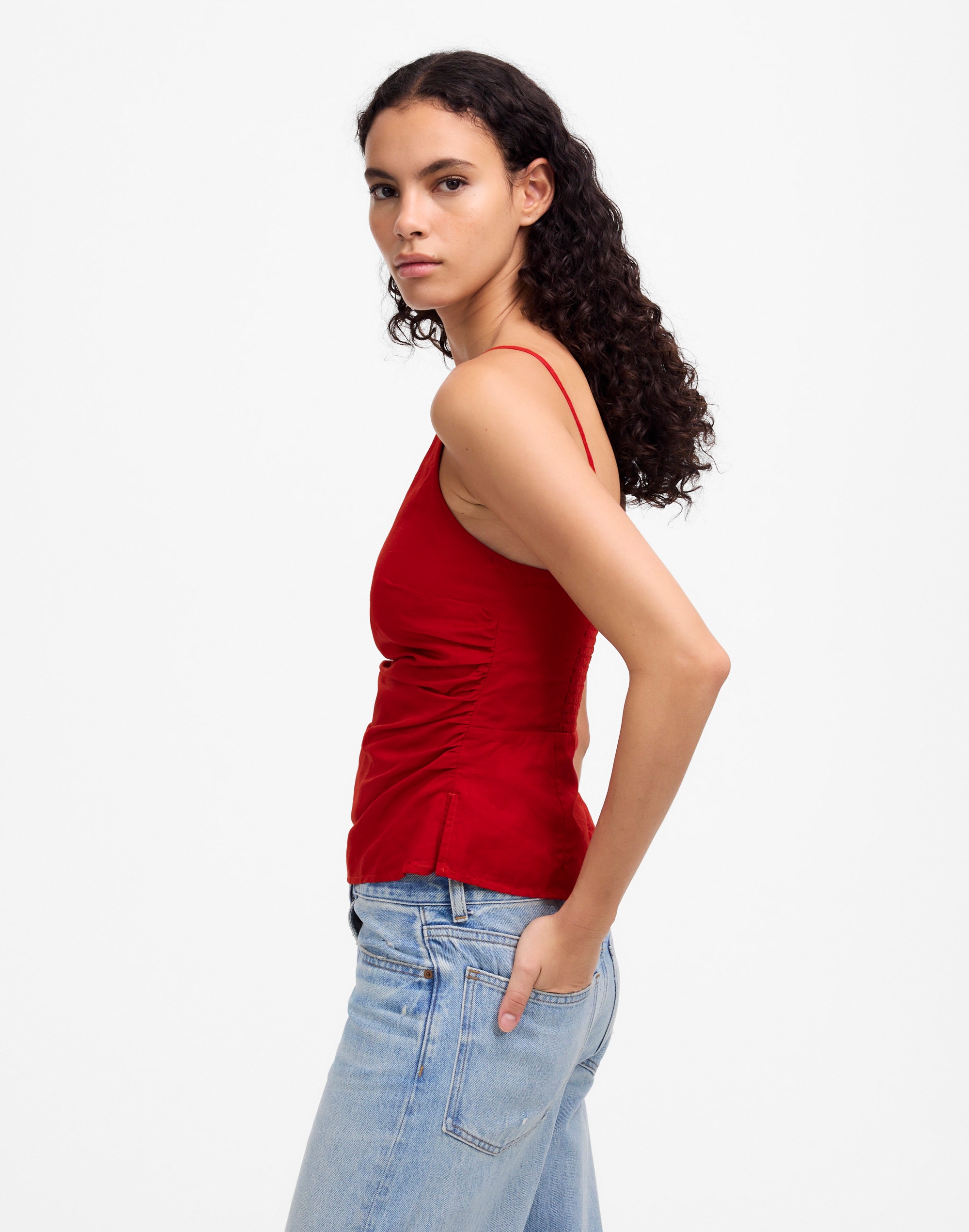 Ruched Squareneck Tank in Linen-Cotton