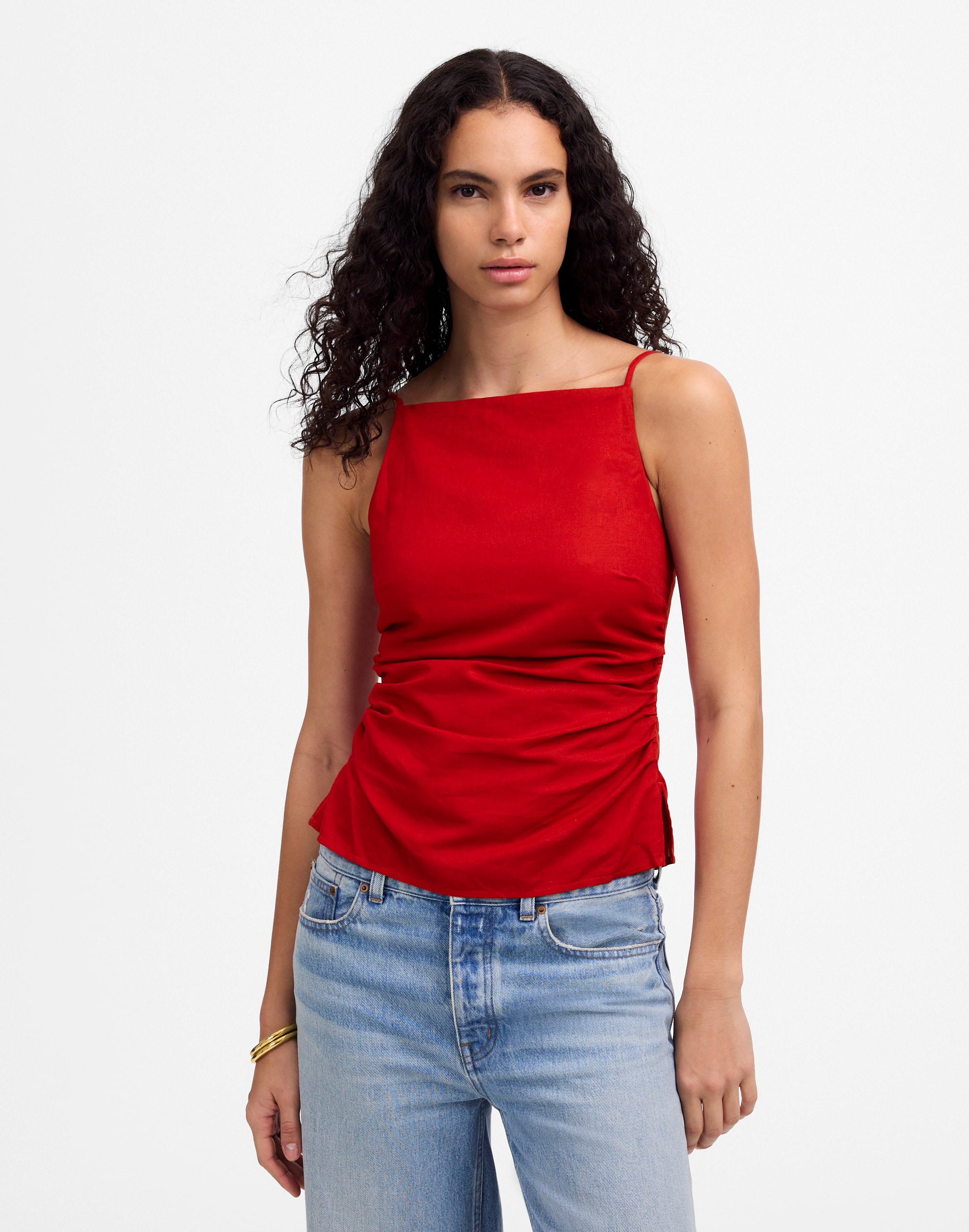 Ruched Squareneck Tank in Linen-Cotton