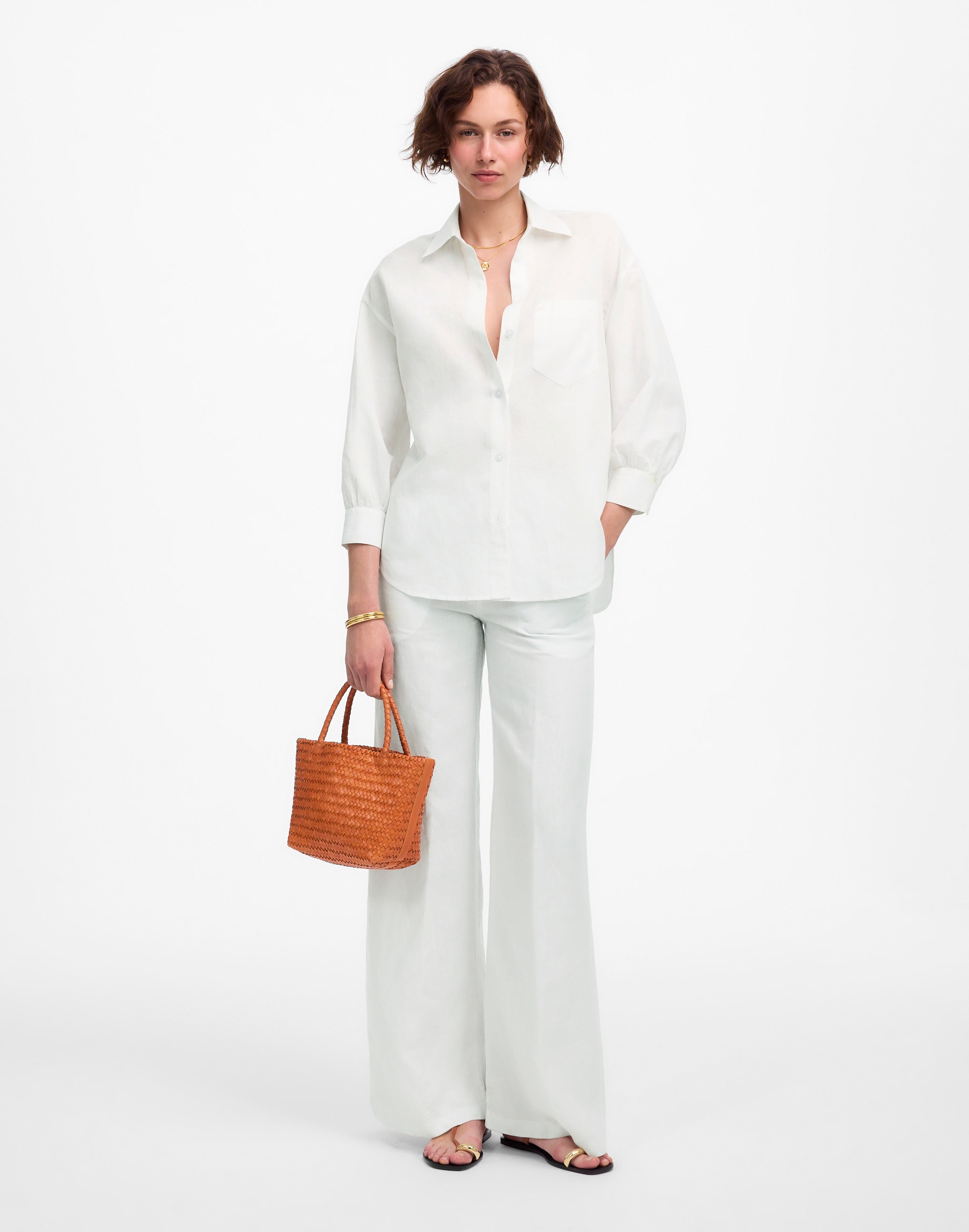 Shirred Button-Up Shirt in Linen-Cotton