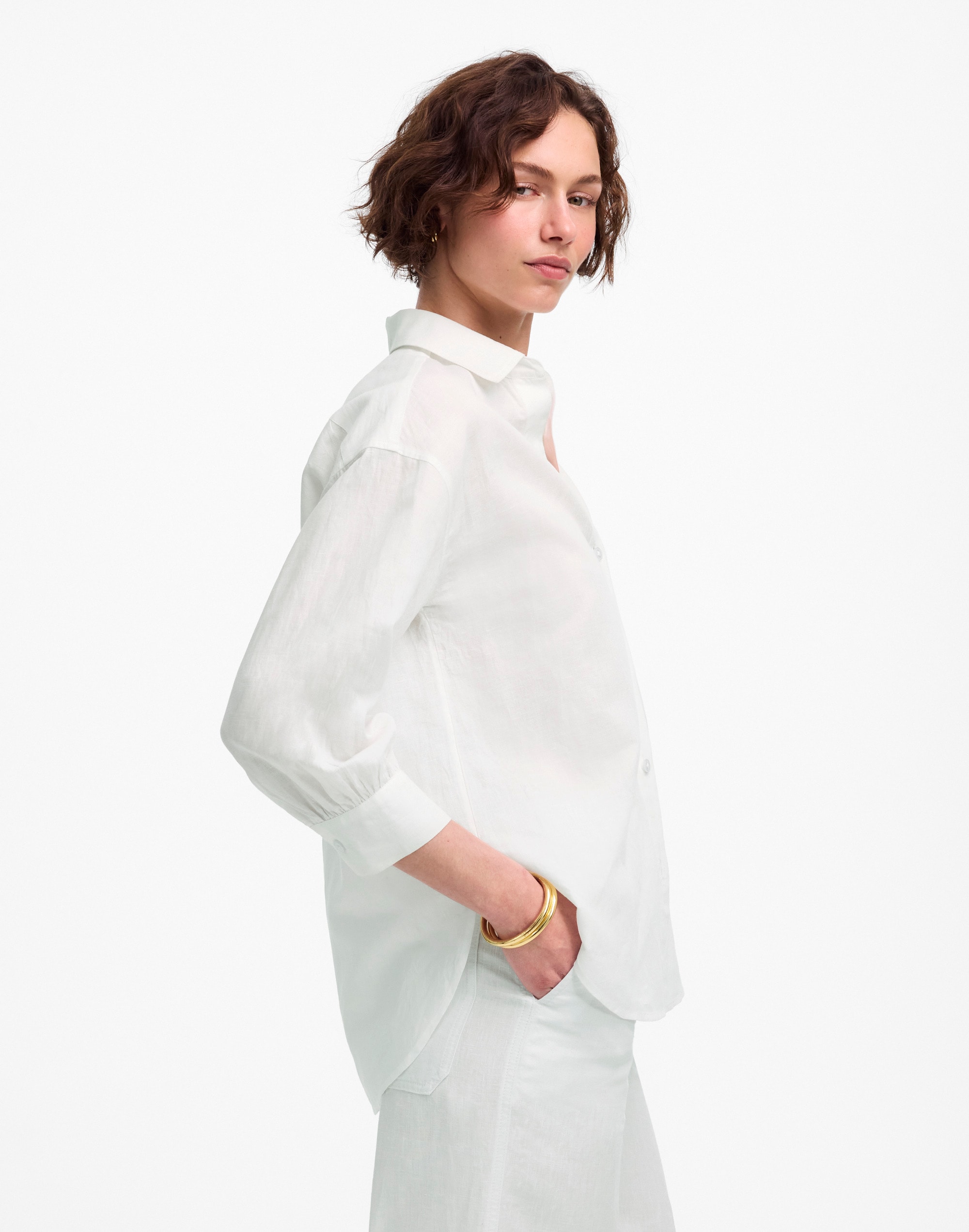 Shirred Button-Up Shirt in Linen-Cotton