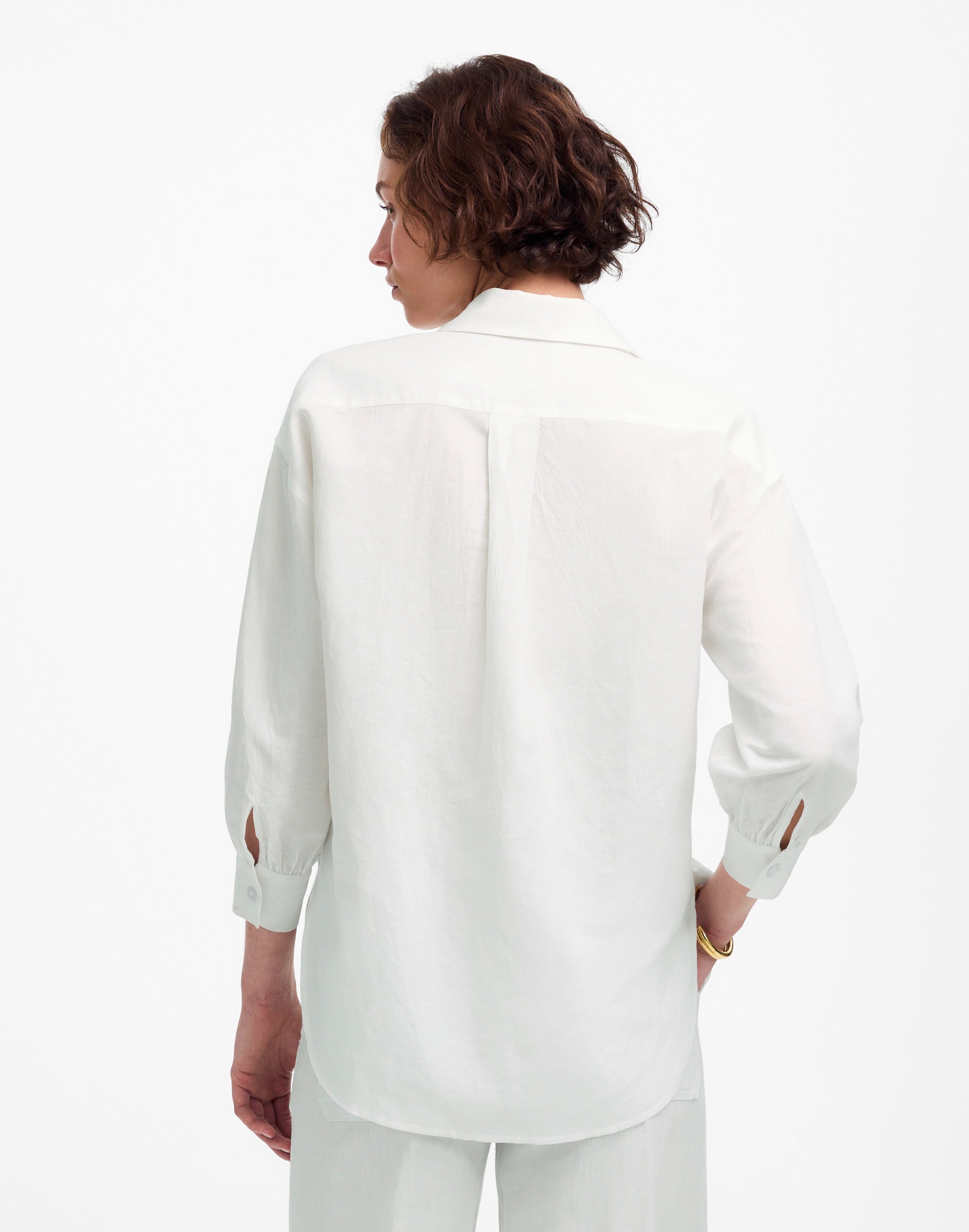 Shirred Button-Up Shirt in Linen-Cotton